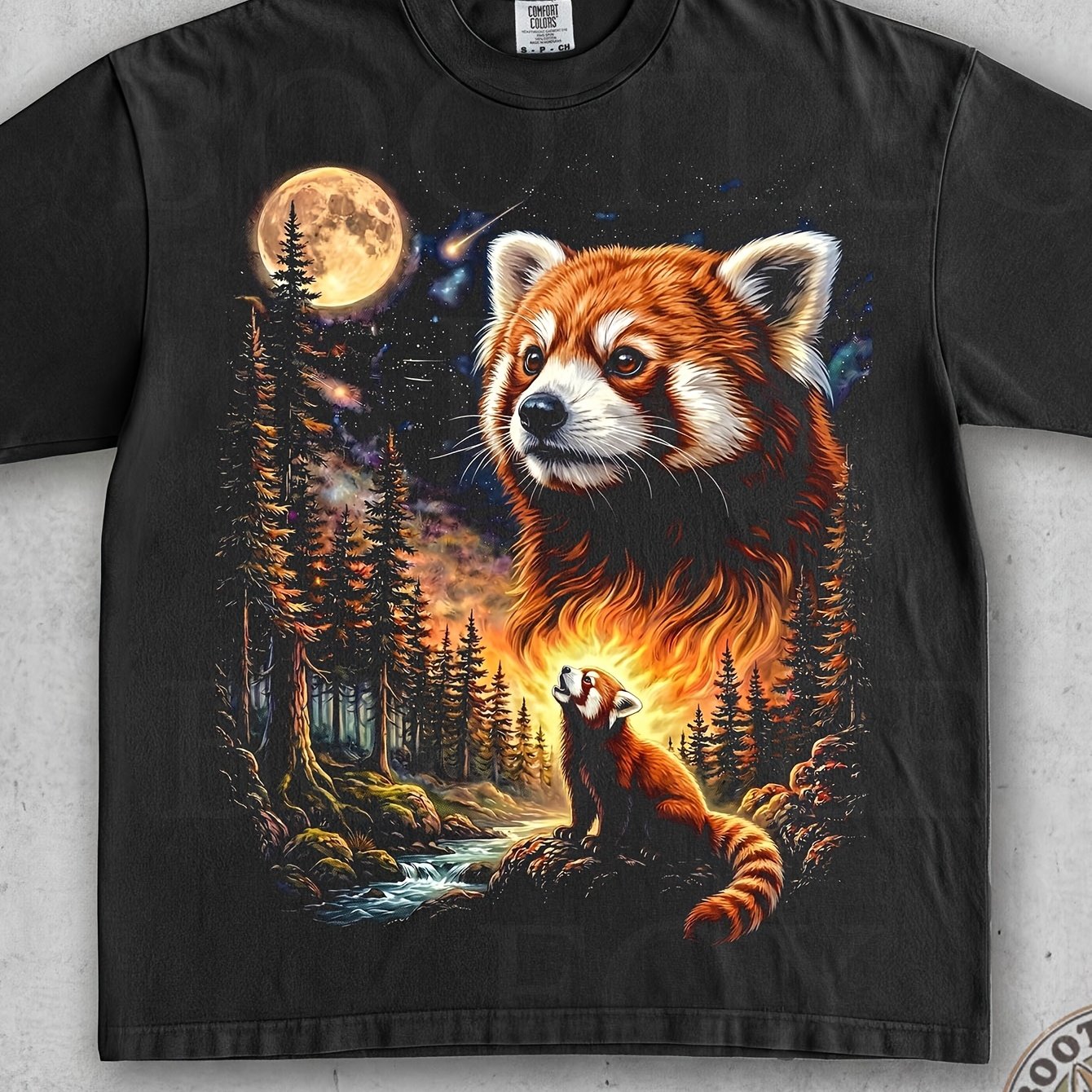 Image of Red Panda 90s Washed Retro Forest Night Wildlife Graphic Tee Cute Animal Pattern Sketch School Wear Gift For Students Creative Guys Men's T-shirt 180g Round Neck