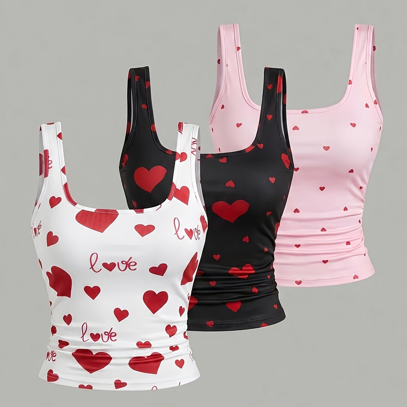 TEMU 3pcs Set Women's Casual Square-neck Pleated Camisole Top With Heart Print, Summer-style Top
