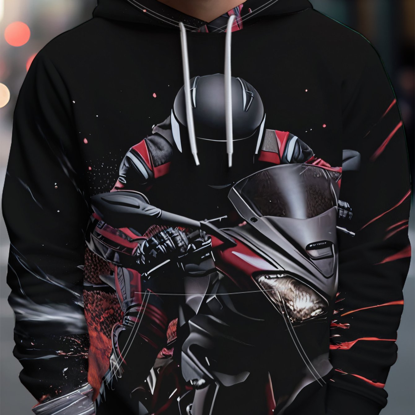 TEMU Men's Motorcycle-themed Hooded Sweatshirt With Chick & Flame Print - Edgy Streetwear Sweater, Motorcycle Rider Design, Machine Washable Casual