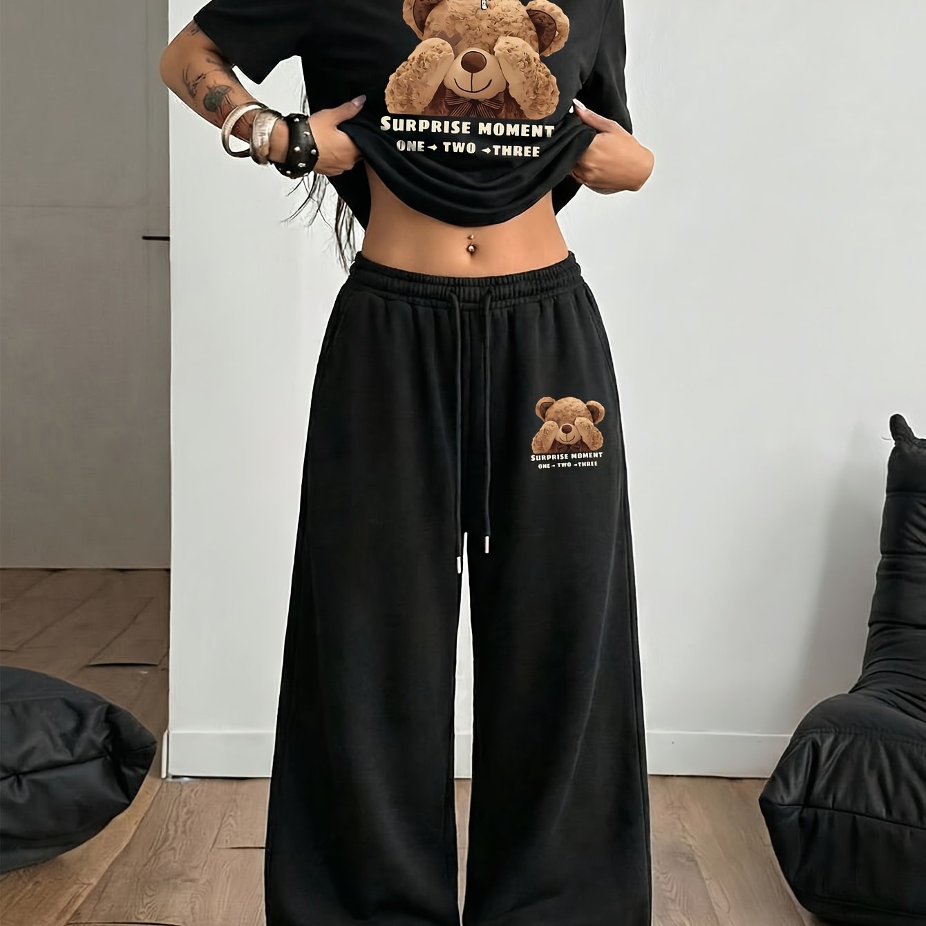 TEMU Women's 2pcs Set: Fun "surprise Bear" Letter Print Vintage Daily Casual With Drawstring Loose Fit Long Pants. Soft, Comfortable, Niche Hip-hop
