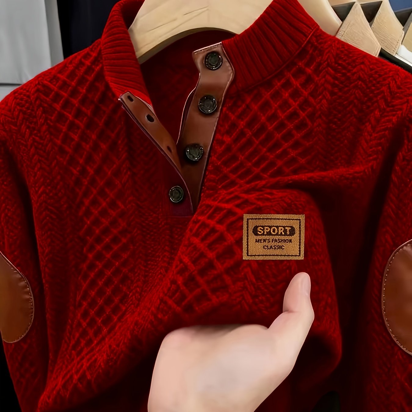 TEMU Autumn/winter Men's Jacquard Knit Top With Fashionable Small Collar, Color-blocking, And Niche Metal Button Design, Warm Knitted Casual