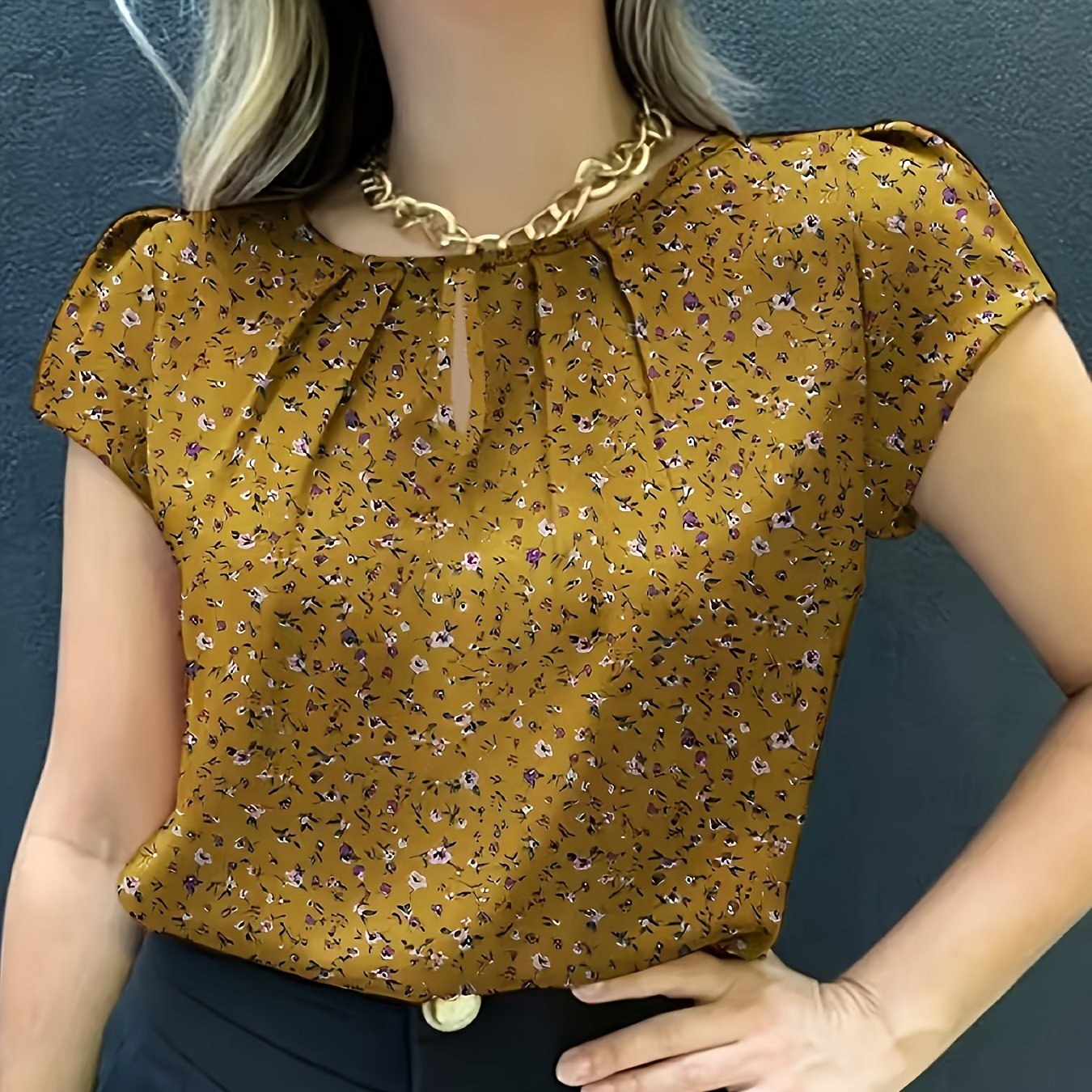 TEMU Floral Print Pleated Shirt, Spring-summer Casual Short-sleeved Shirt, Women's Small Floral Print Blouse