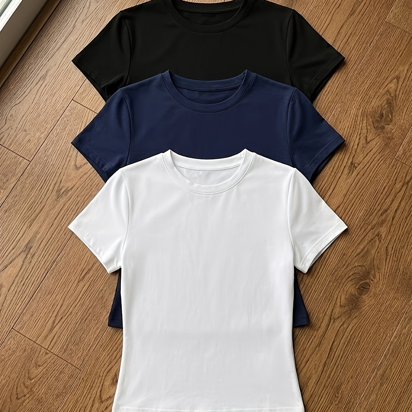 TEMU Women's Slim Fit Round Neck Short Sleeve T-shirt, Basic Solid Color Stretchy Casual Top, Suitable For Daily Wear