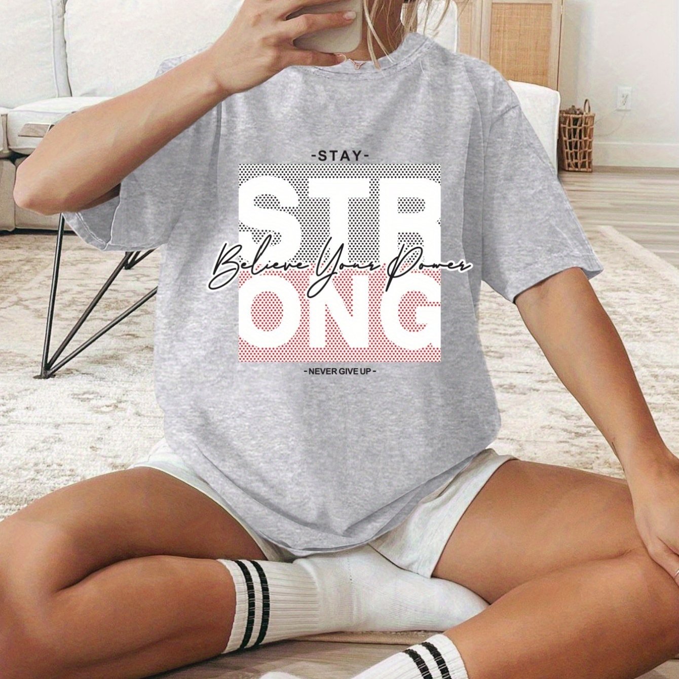 TEMU Trendy Summer Women's Short-sleeve T-shirt With Printed Fashionable Designs, Casual T-shirt, 180 Grams