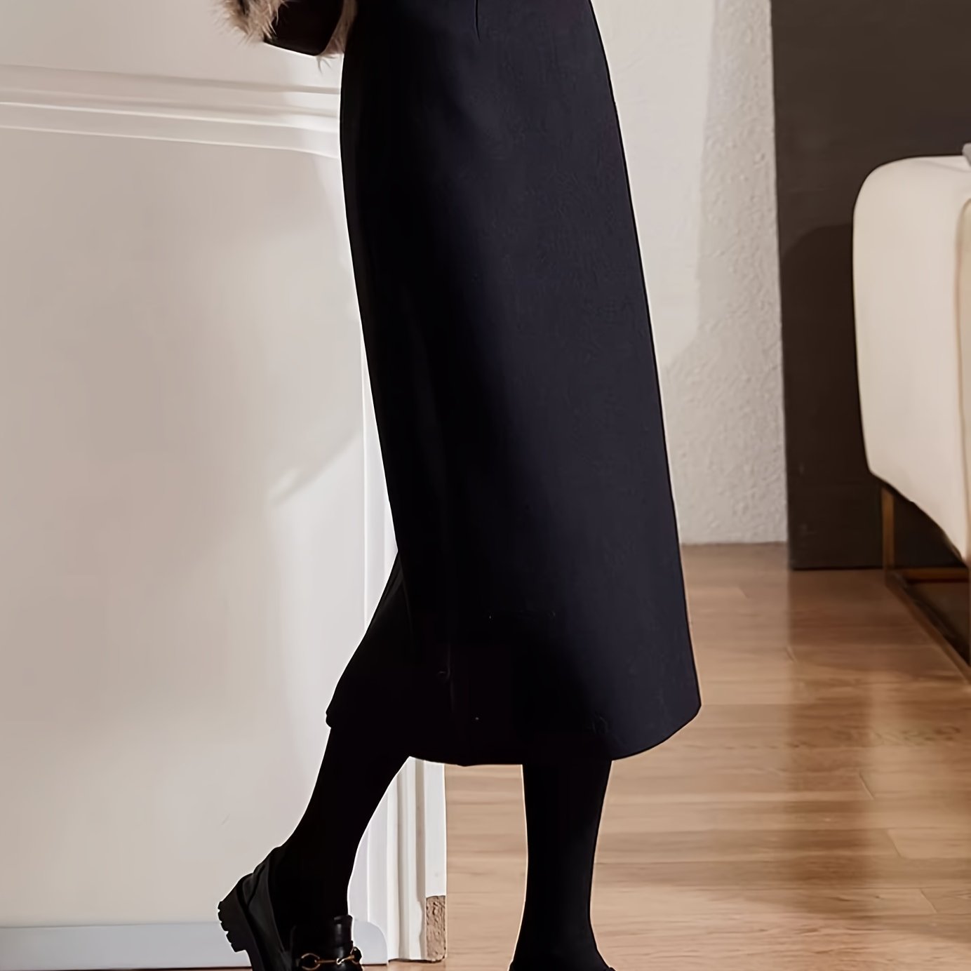 TEMU High-waisted A-line Midi Skirt With Zipper Closure, Polyester And Viscose Blend, Elegant And For Fall And Winter