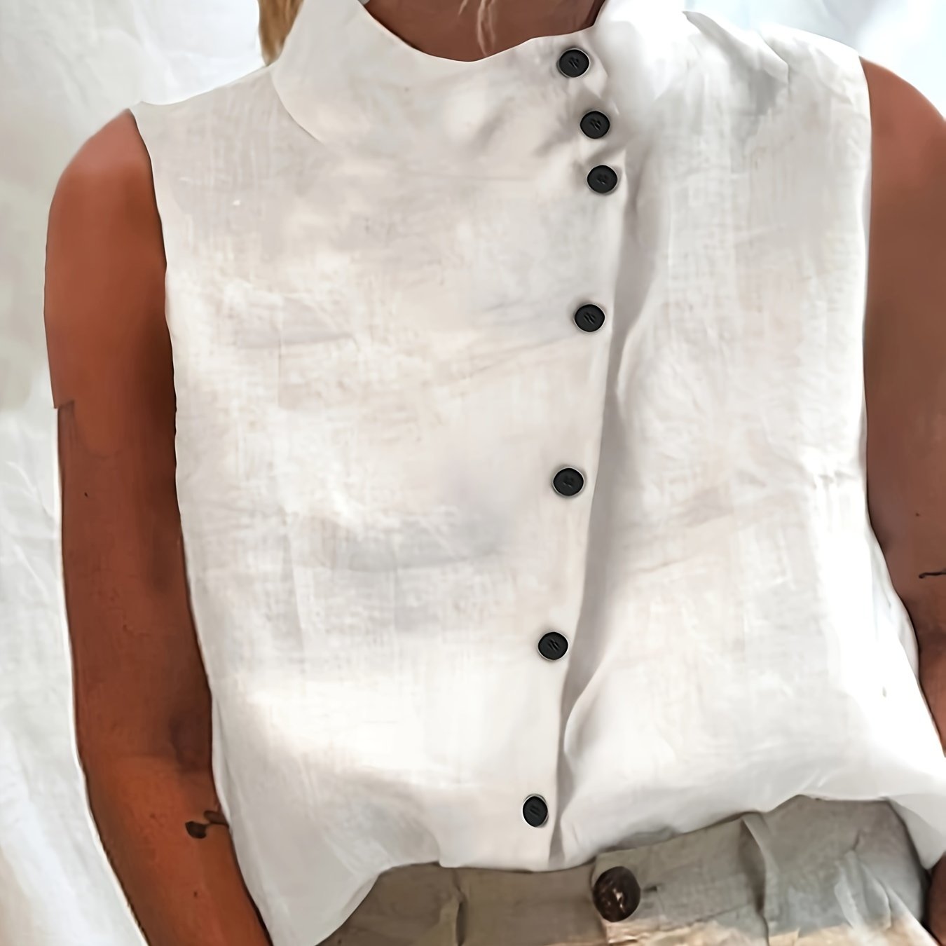 Solid Loose High-neck Asymmetrical Open-front Button-up Top