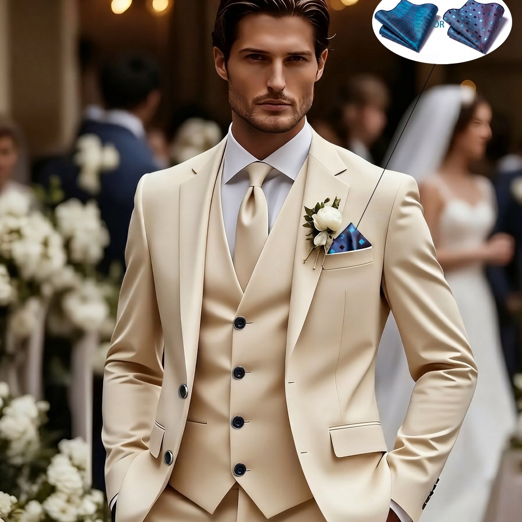 TEMU Men' 3pcs Suit, Jacket, Trousers, And Vest, Suitable For Formal Wear, Weddings, Work Attire, Holiday Gift (random Pocket Square Pattern)