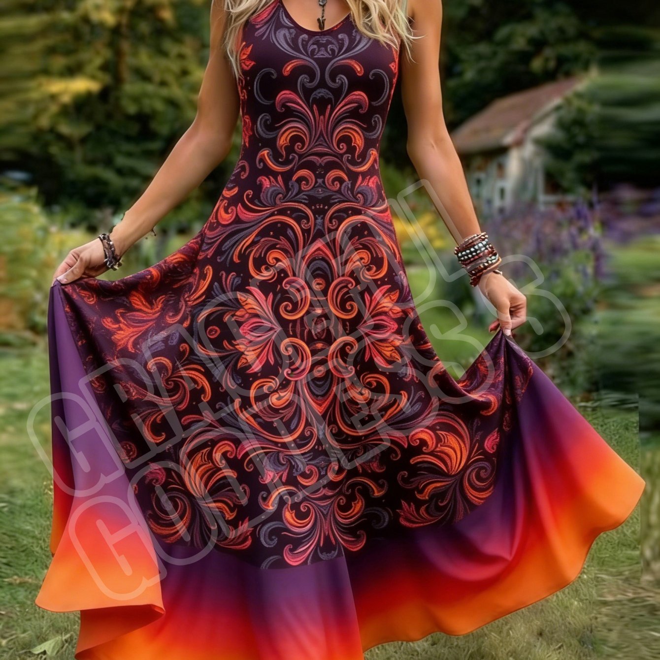 Image of Women's Retro Style Sleeveless Dress With Elegant Botanical Print Design. A-line Maxi Dress With V-neck And Pastoral Style. Machine Washable. Perfect For Daily Wear And Vacations