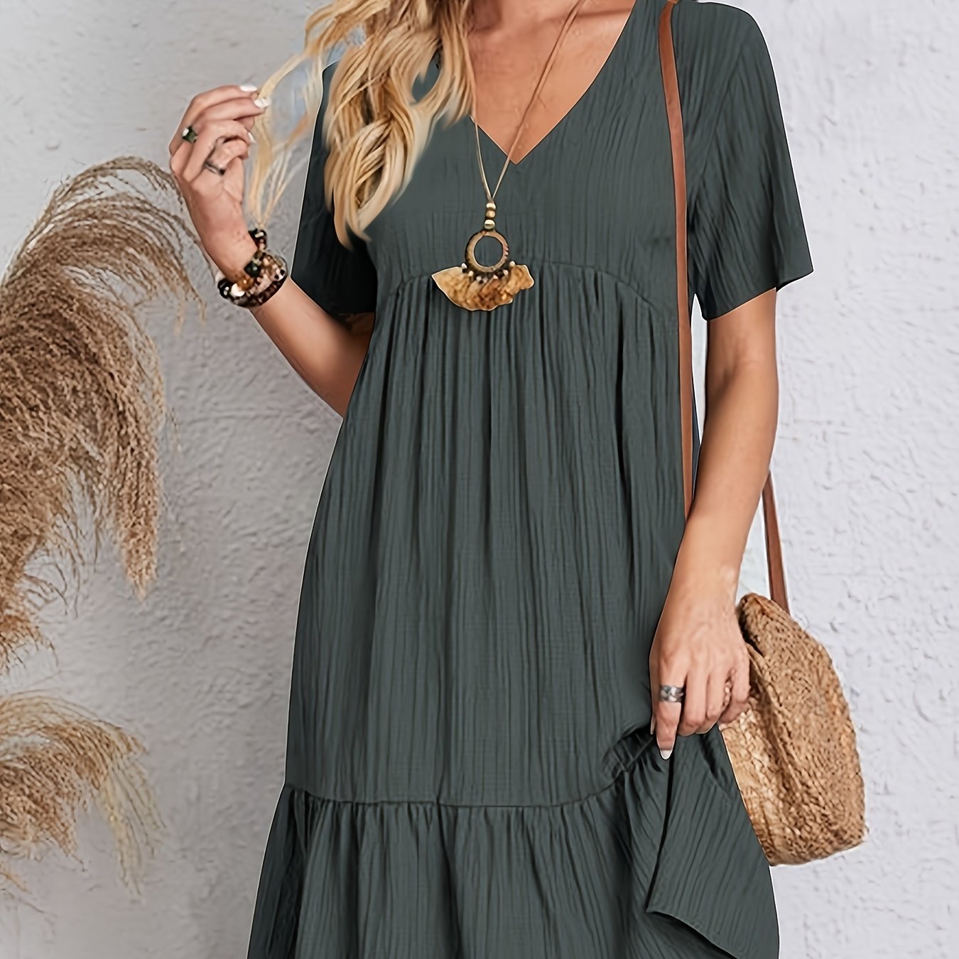 Image of Fashion Loose Casual V-neck Short Sleeve Cinched Waist Flowy Ruffle Temperament Dress