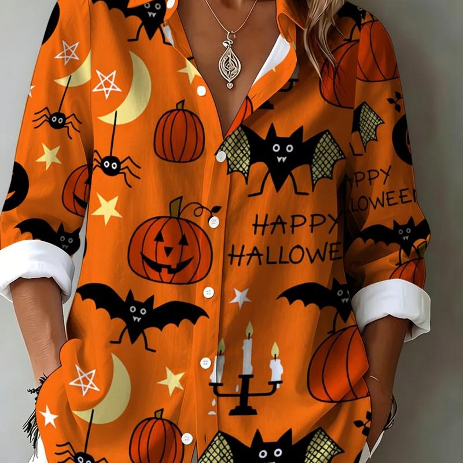 TEMU Printed Design - Not Textured New Women's Long Sleeve Shirt, Halloween Pumpkin Bat Shirt