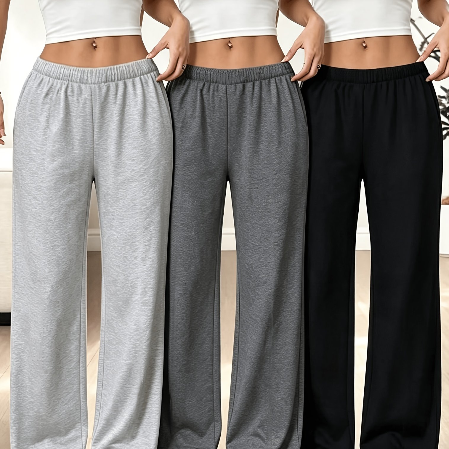 TEMU Women' Casual Long Pants 3pcs Set, Solid High-waisted Wide-leg Pants For Autumn And Winter, Suitable For , S, Sleepwear, And