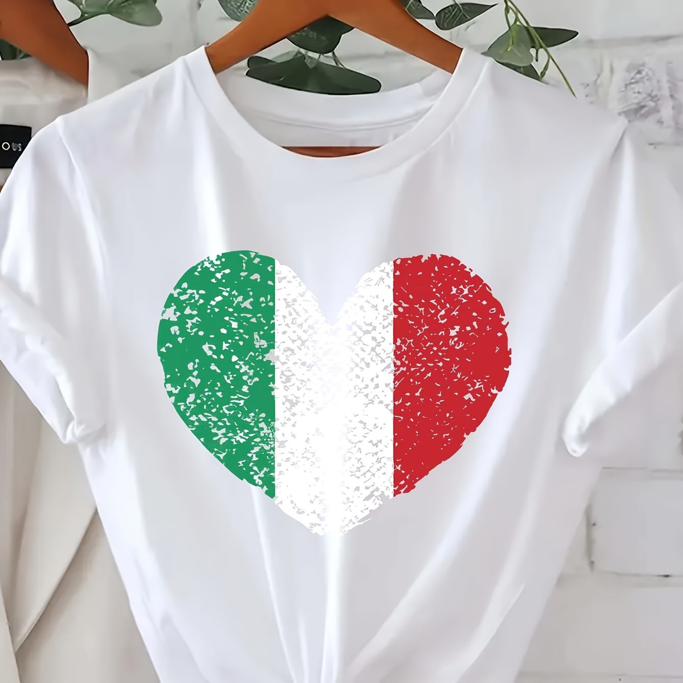 E-shop Italia T-Shirt mit Buchstaben-Aufdruck Rundhalsausschnitt, Lässiges Kurzarm-Top für Frühling & Sommer, Damenbekleidung