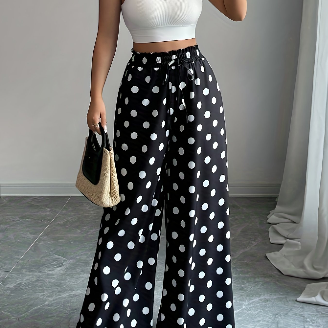 TEMU Women's Wide-leg Trousers With High Waist & Full-length Length - Large Round Dot Print Elegant Pants, Non-stretch Machine Washable Fabric For