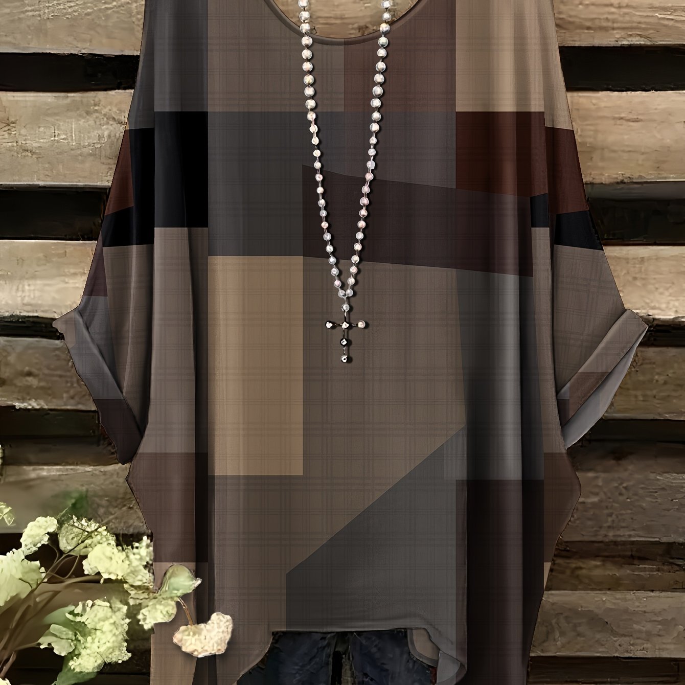 TEMU Plus Size - Plus Size - Summer Plus-size Lazy Block Splicing Pattern Printed Tail Hem Round Neck T-shirt, Casual Comfortable Tail Hem Round Neck