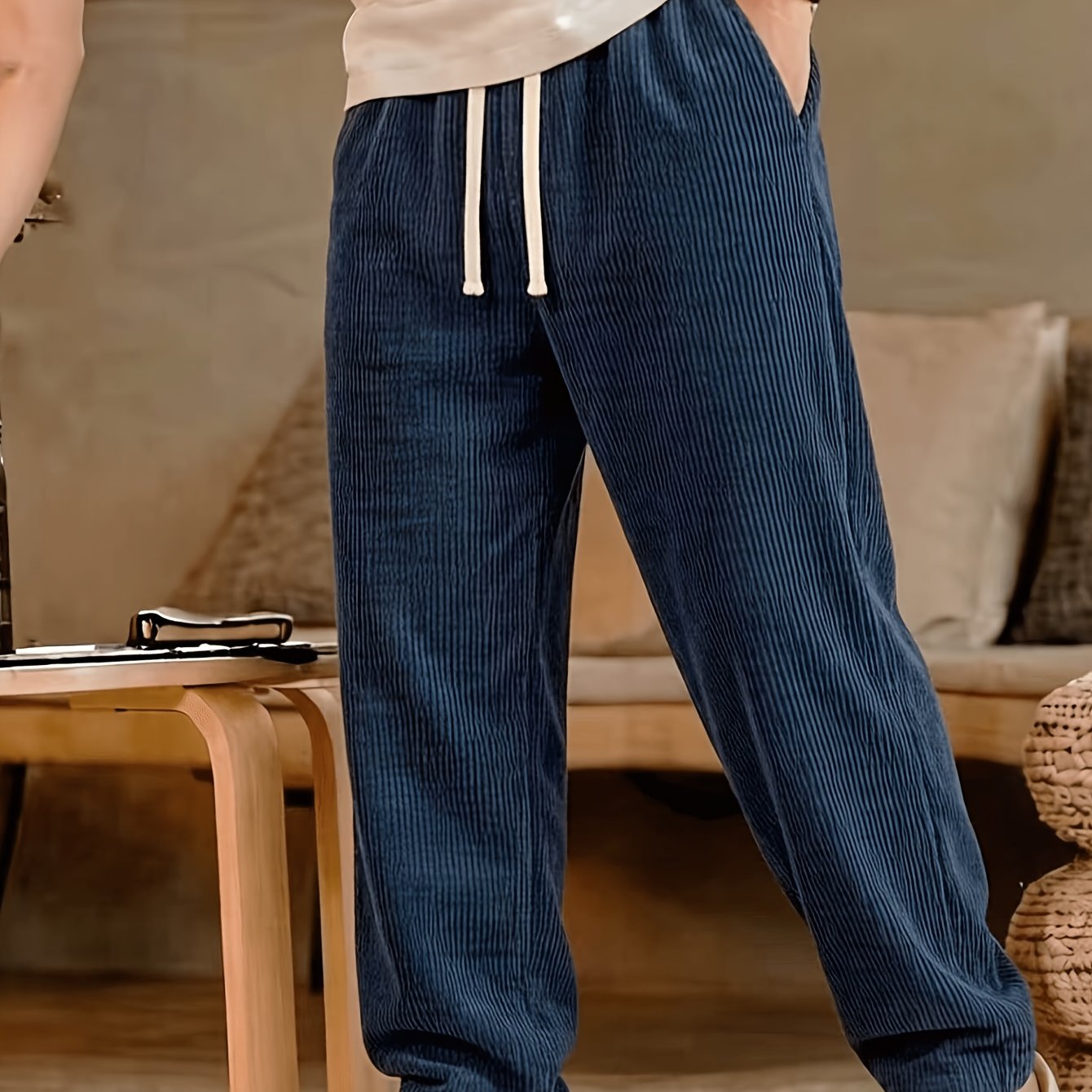 TEMU Men's Vintage Style Loose Corduroy Casual Trousers With Pockets - Comfortable Soft Fabric, Suitable For Street And Outdoor Activities, Autumn