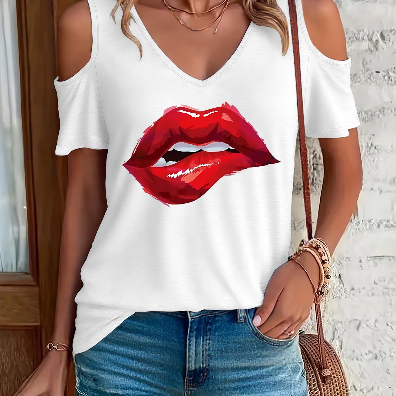 TEMU Camiseta con estampado , top casual de manga corta y cuello en V para verano y , ropa de mujer