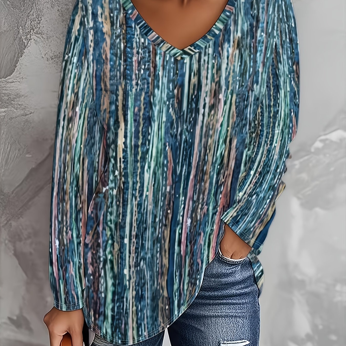 TEMU Plus Size, Women's Autumn/winter New Arrival Plus Size Fashion Printed Casual V-neck Long Sleeve T-shirt, Loose Fit Casual Top, V-neck Top,