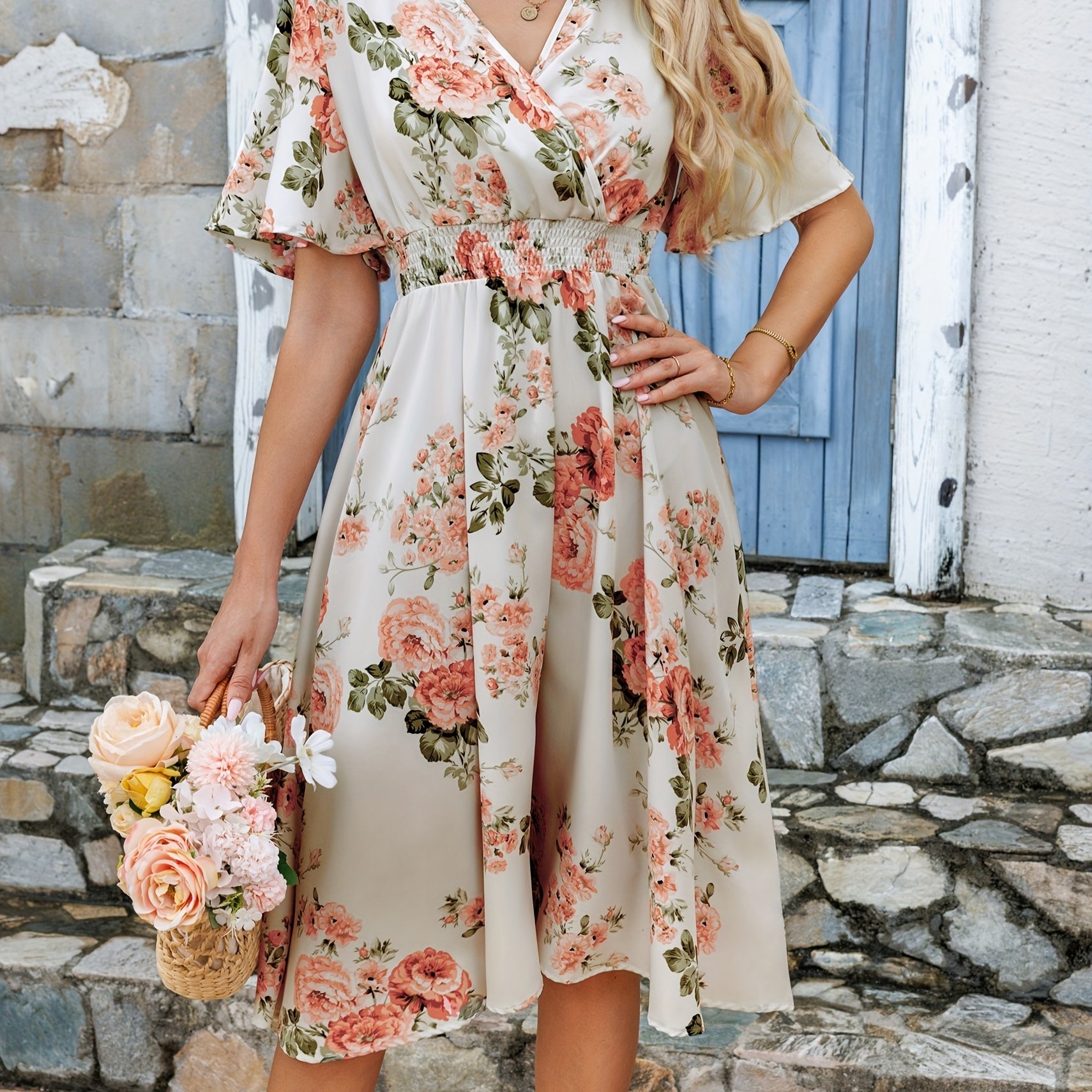 TEMU Floral Print V Neck Dress, Elegant Ruffle Sleeve A-line Flowy Dress For Spring & Summer, Women's Clothing