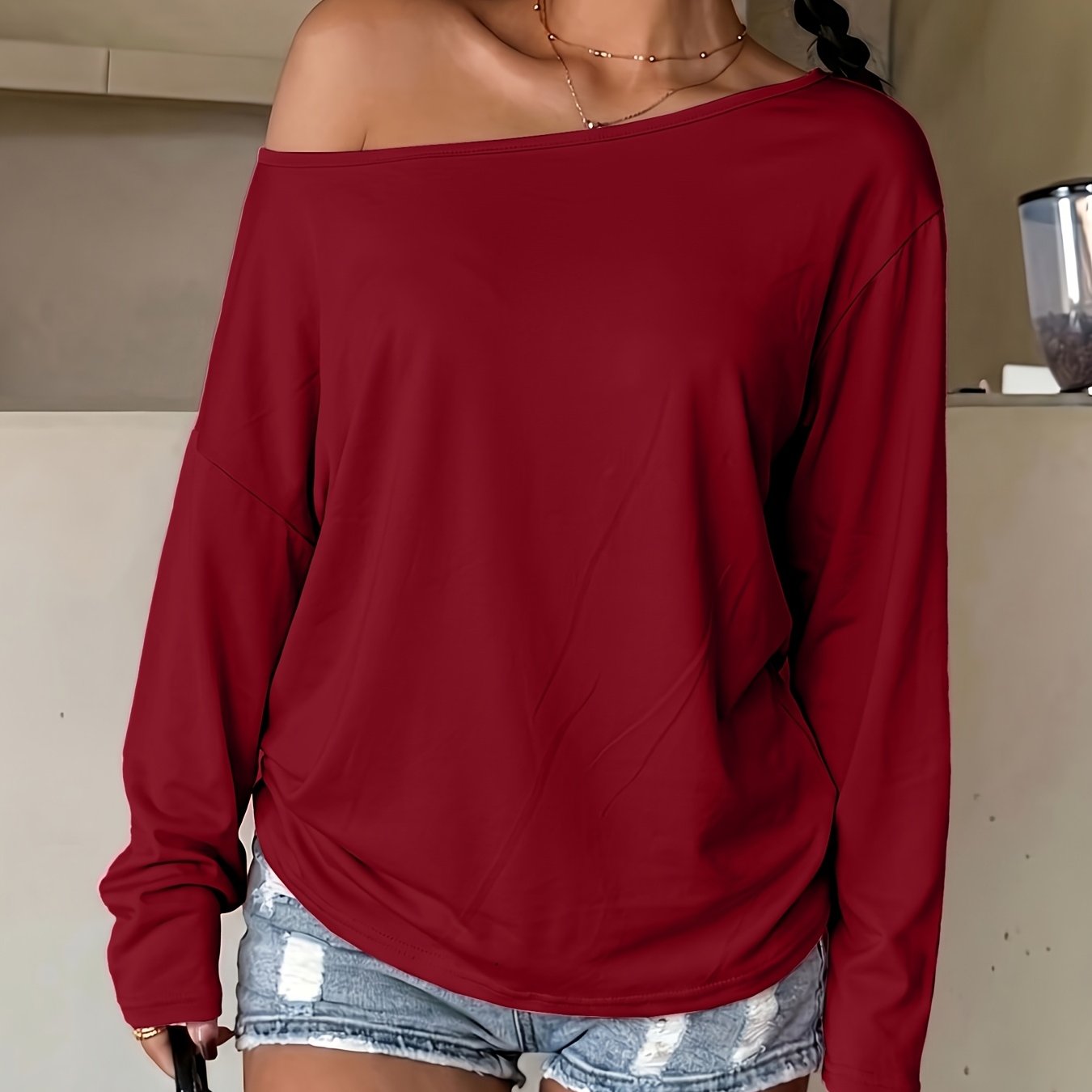 TEMU Haut Y unie tendance pour femme, T-shirt d'automne haut de gamme, élégant, streetwear, , à épaules dénudées, fin, à manches longues, couche de