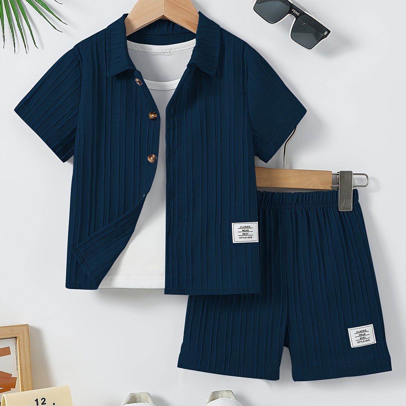 Image of 2pcs Outfit Boys' Casual Short Sleeve Collared Shirt And Shorts Set, Perfect For Outdoor