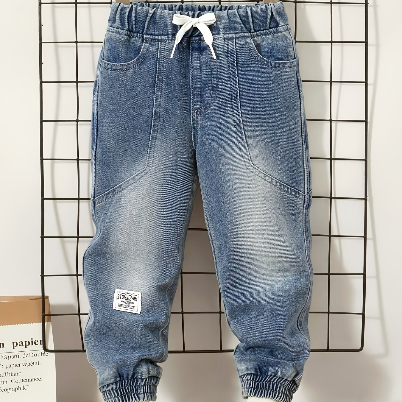 Image of Boys' Jeans With Letter Patches, Elastic Waistband, Casual Denim, Holiday Attire