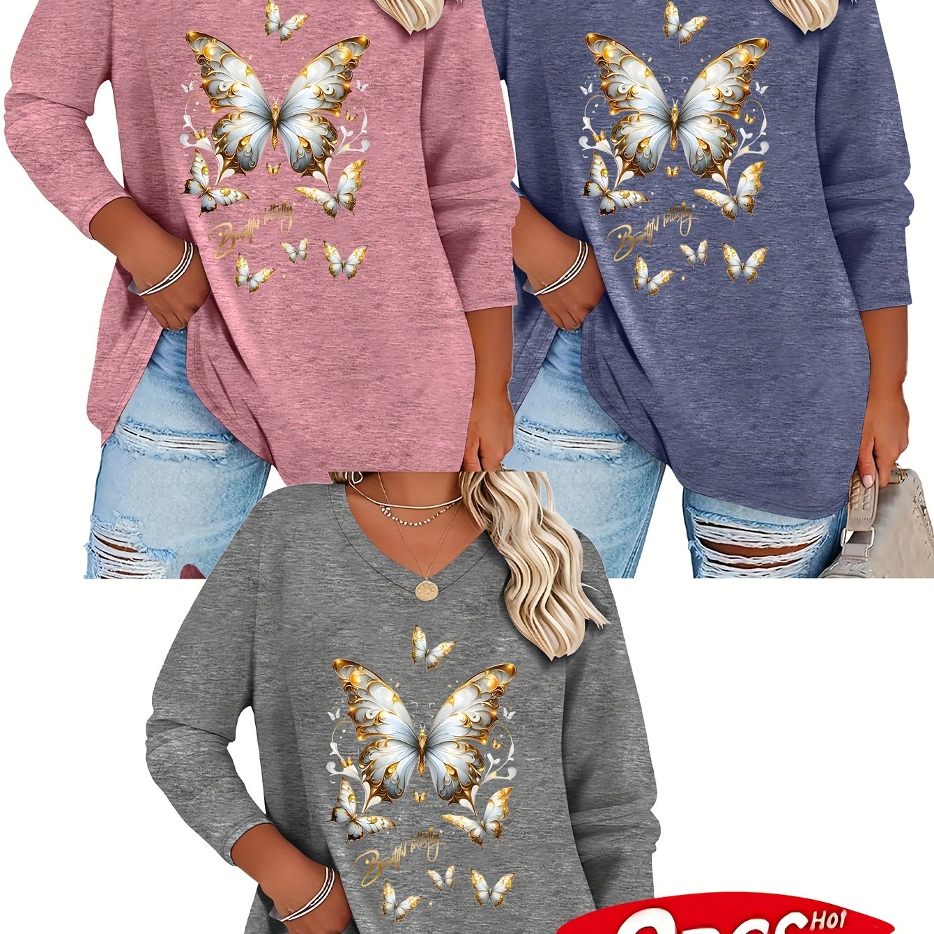 E-shop Plus Size - Plus Size - [Vielseitiges T-Shirt Dreiteiler Set] Neues Frühling/Sommer Plus Size Damenmode Schmetterling Druck Casual Langarm