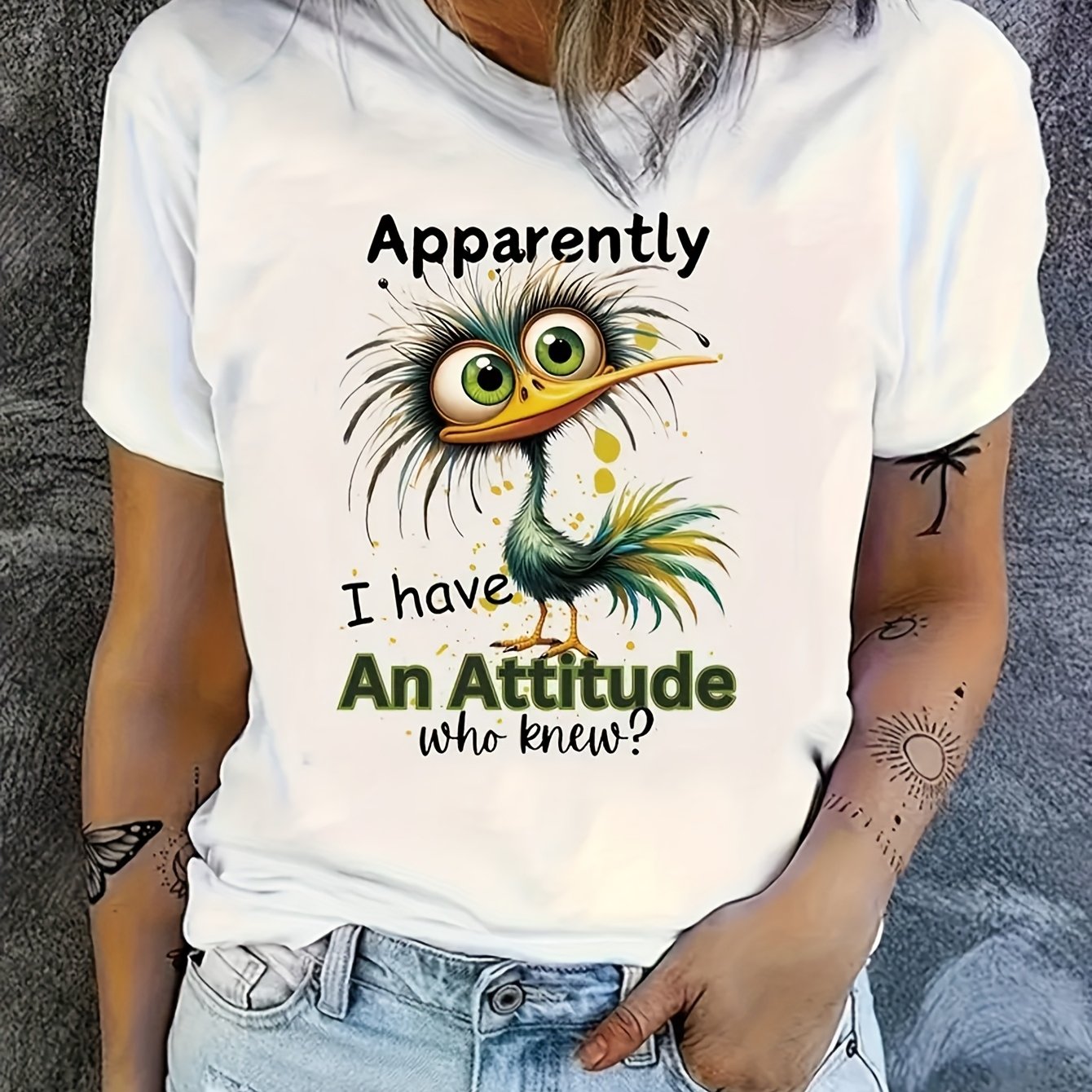 TEMU Women's Casual Crew Neck T-shirt With Whimsical Attitude Bird Graphic - Short Sleeve, Regular Length, Fabric, , White Tee With Green And ,