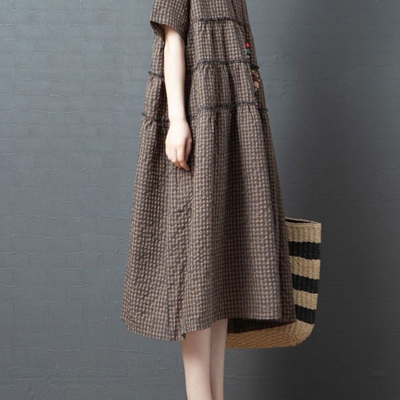 TEMU 【大きいサイズ】夏の新作 ゆったり 大きいサイズ レディース 服 リネン 外国風 レトロ 文学風 カジュアル /ロング 半袖 リネン ワンピース
