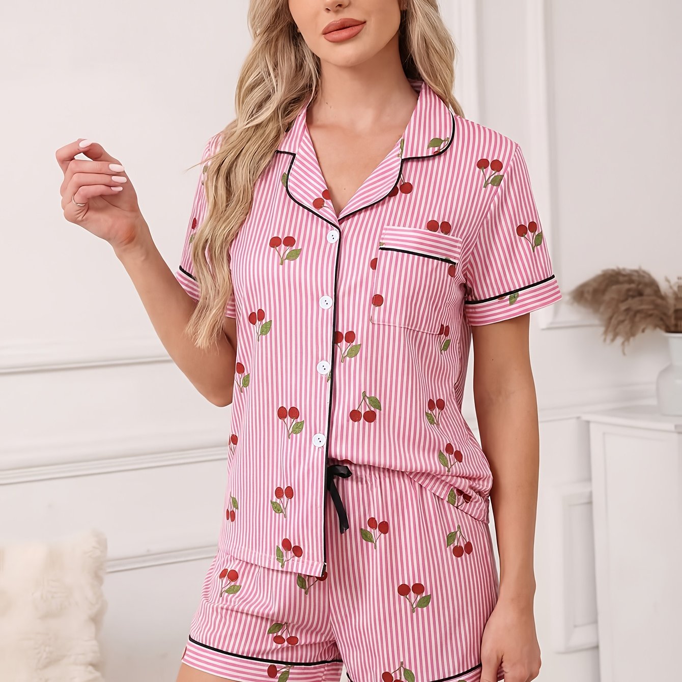 TEMU 2pcs Sweet Pink Striped Cherry Print Pajama Set For Women | Short Sleeve Open Front Top And Elastic Waistband Shorts, Comfortable Fabric, Button