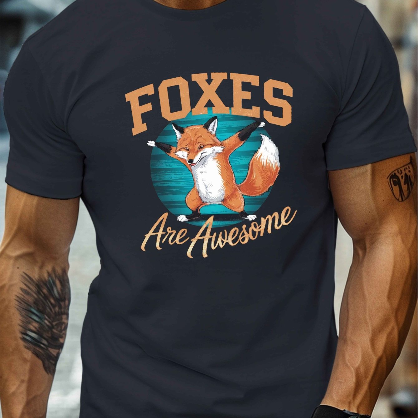 TEMU 1pc Men's Casual Crew Neck T-shirt With Dab Foxes Print, 100% Polyester Knit Fabric, Stretch, Geometric Pattern, Regular Fit, Lightweight Summer
