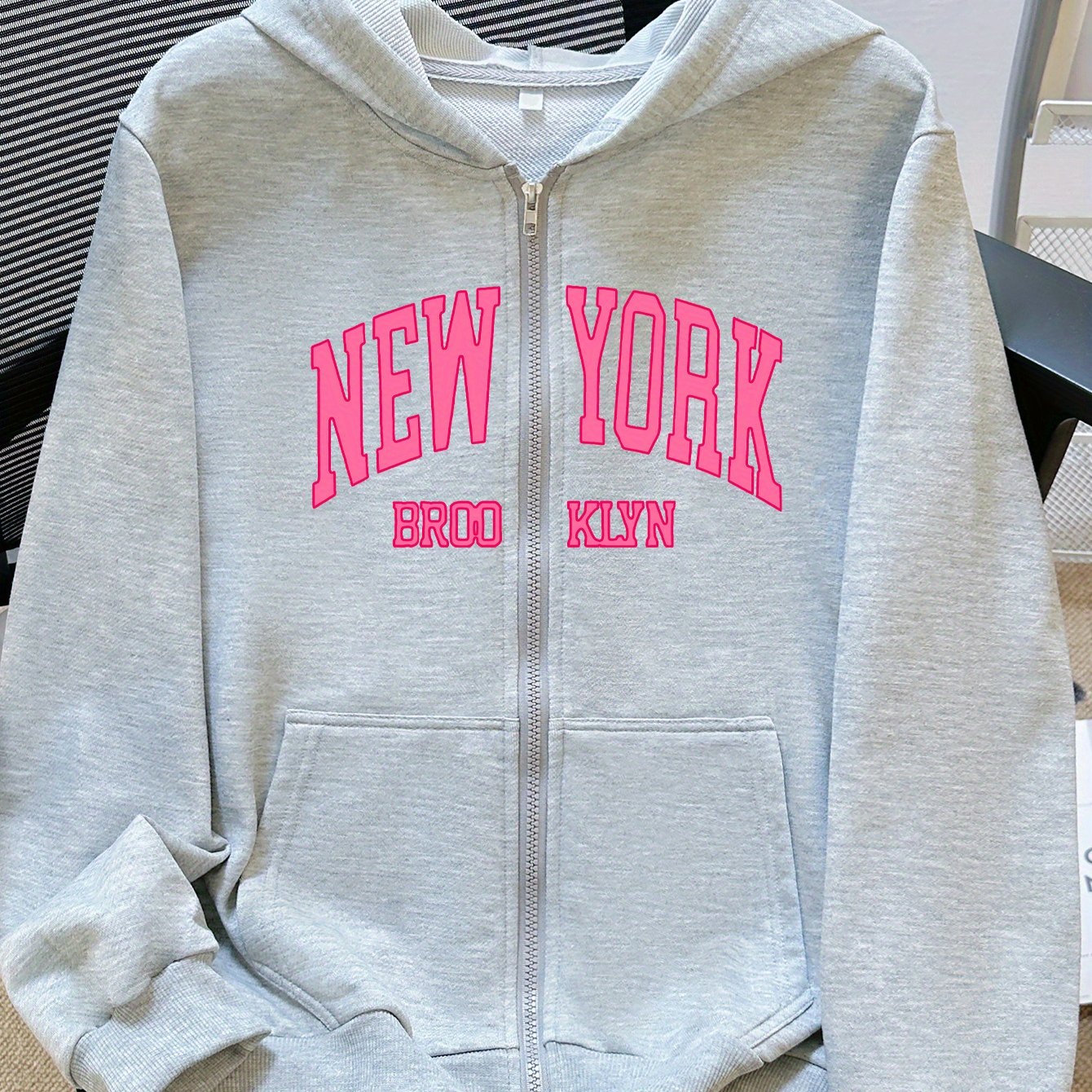 TEMU Letter Print Long Sleeve Zip-up Casual Jacket Hoodie, Suitable For Spring, Summer, And Autumn, Made Of Slightly Stretchy, Women's Clothing