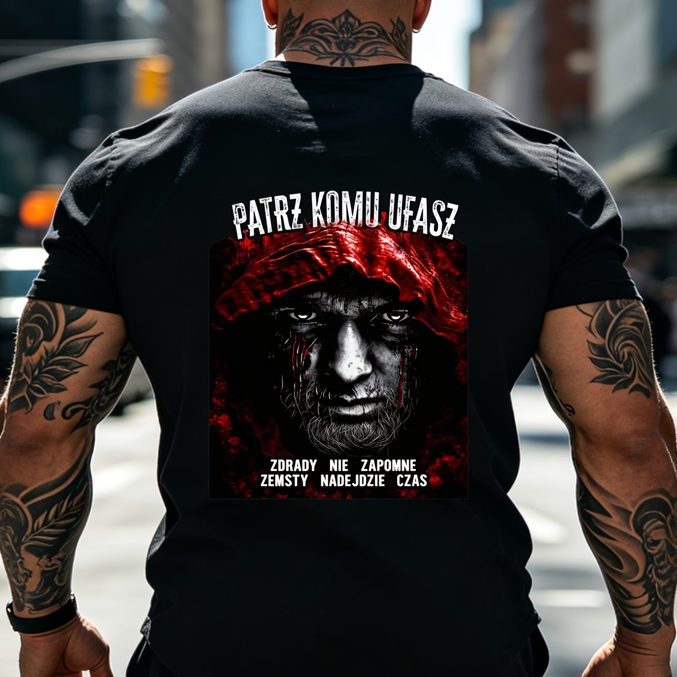 Image of Neutral T Shirt Men Hooded For Man Red Eyes And Blood Print With Polish Text Patrz Ufasz Zdrady Nie Zapomne Zemsty Nadejdzie Czas Black Color Casual Wear Gift Idea 100 Fashionable Versatile For