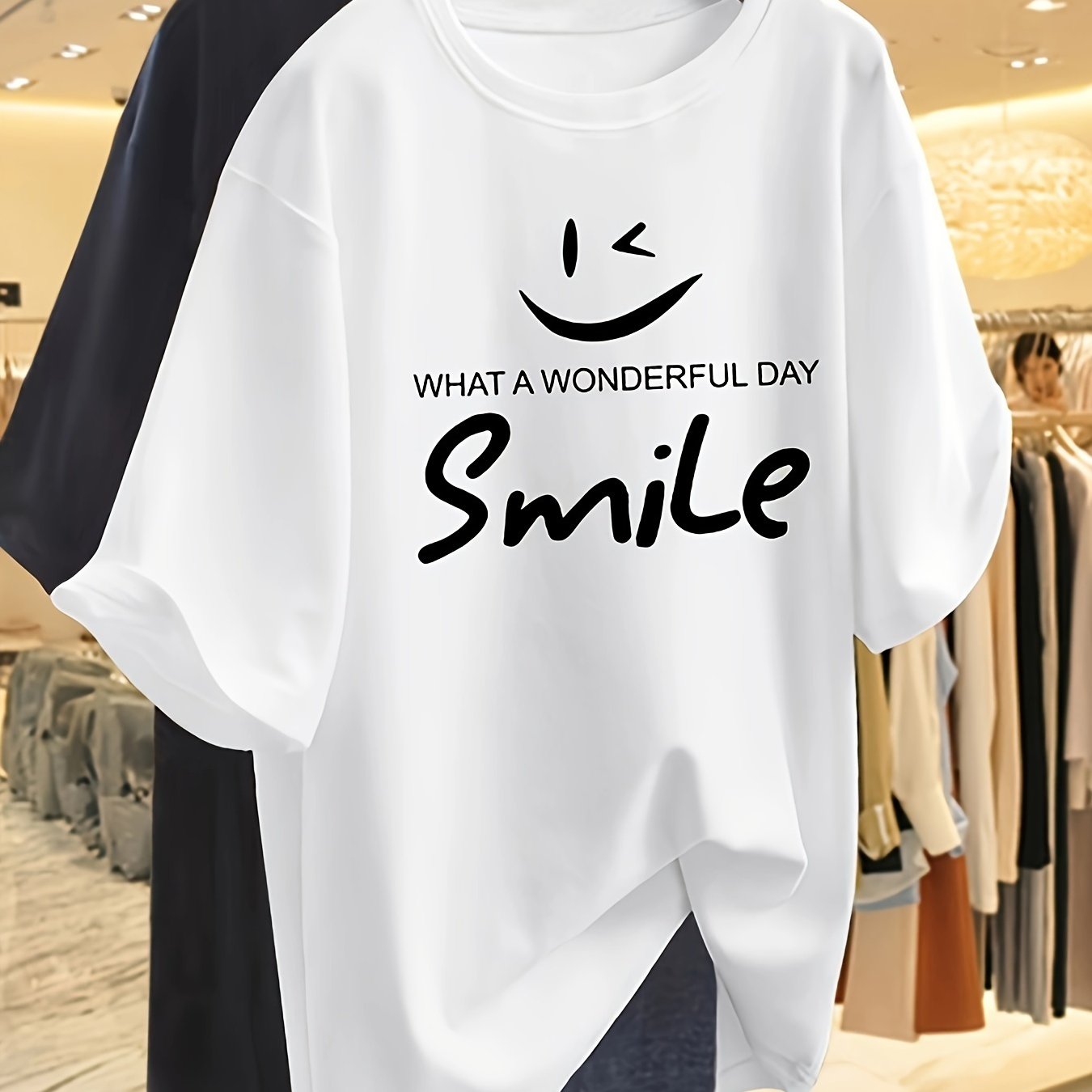 Plus Size, Women's Y2k-style T-shirt, What A Wonderful Day! Featuring A Round Neck Design With A Smiling Pattern, Fashionable Yet Casual, A Short-sleeve Top.