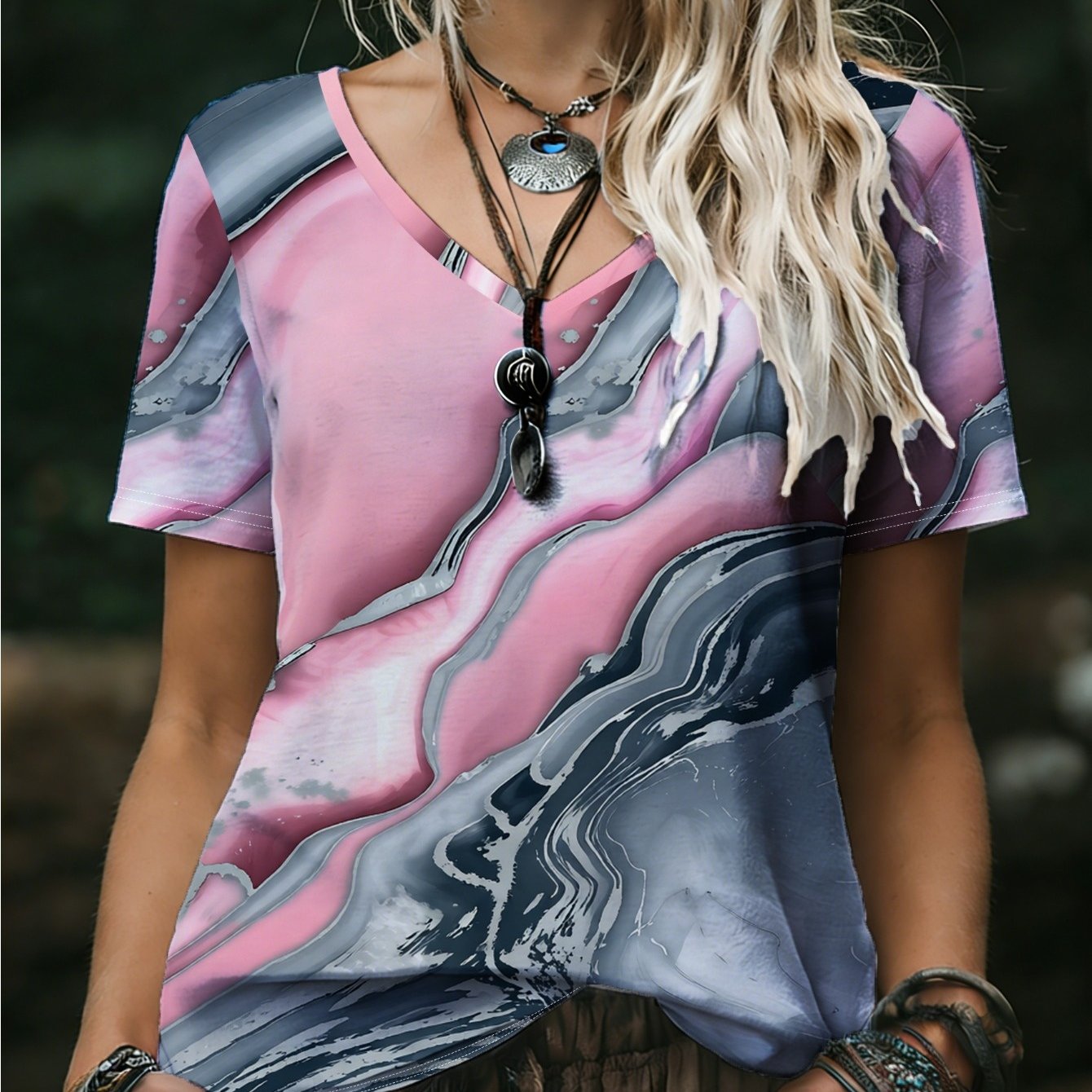 TEMU Plus Size, Plus Size Women's Clothing 2026 New Arrival Pink-gray Fluid Marble Print V-neck Short Sleeve T-shirt, Premium Loose , Accessories Not