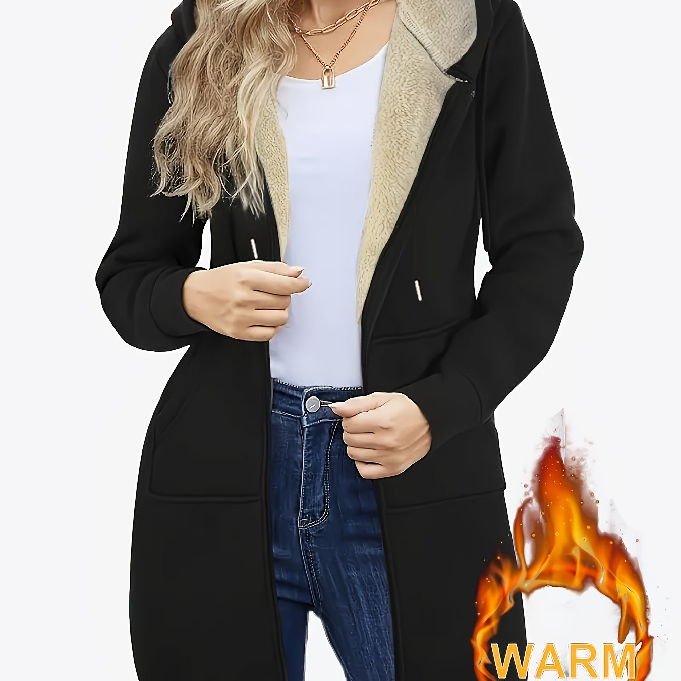 Women's Winter -lined Hooded Jacket With Zipper Pockets, Warm And Comfortable, Essential Winter Jacket, Cardigan, Elegant And Chic Exquisite Jacket, Western-style Clothing, Ramadan Robe Outerwear