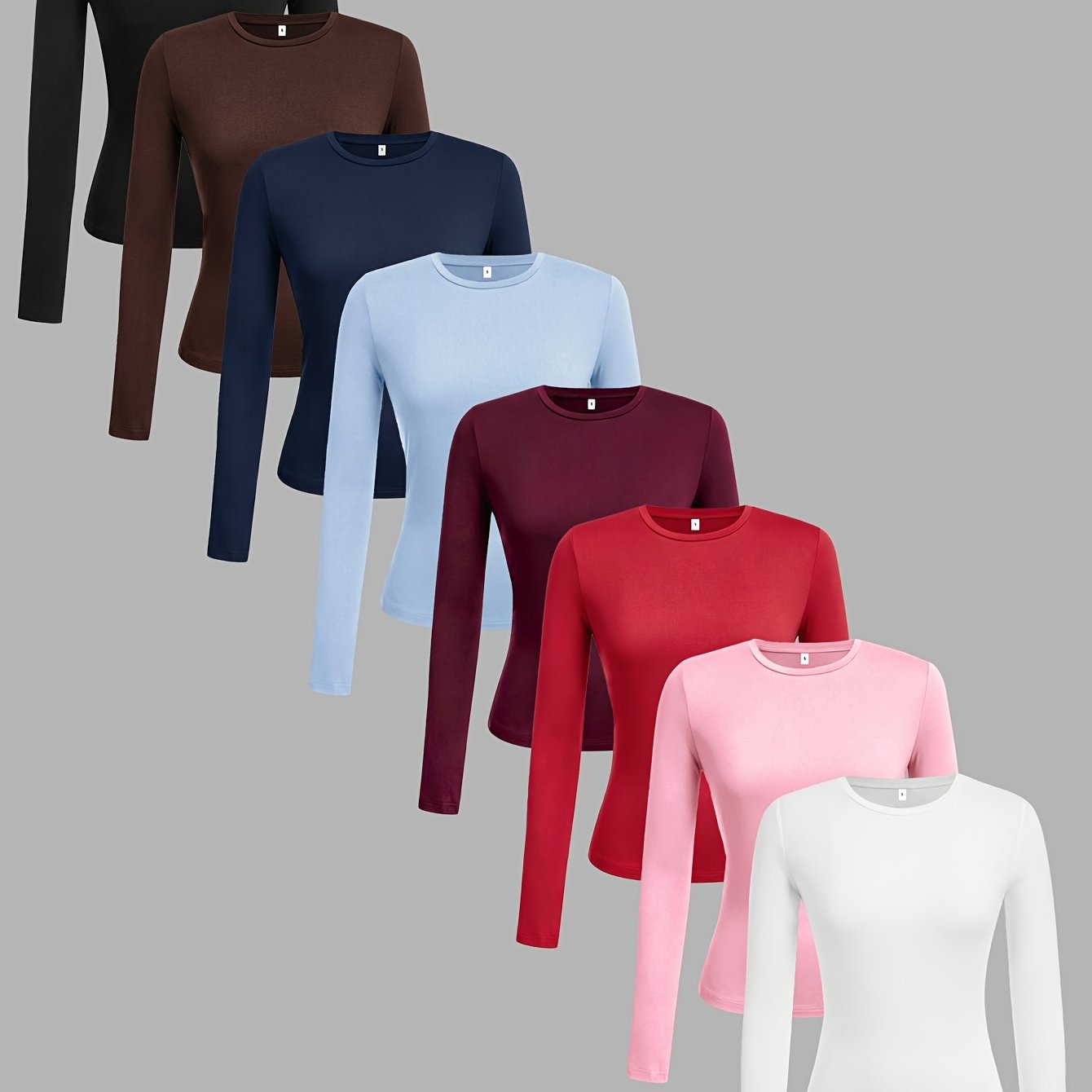 TEMU 8pcs Pack, Women's Fashion Trendy Round Neck Casual Slim Long Sleeve Multicolor T-shirts, Suitable For Autumn Winter
