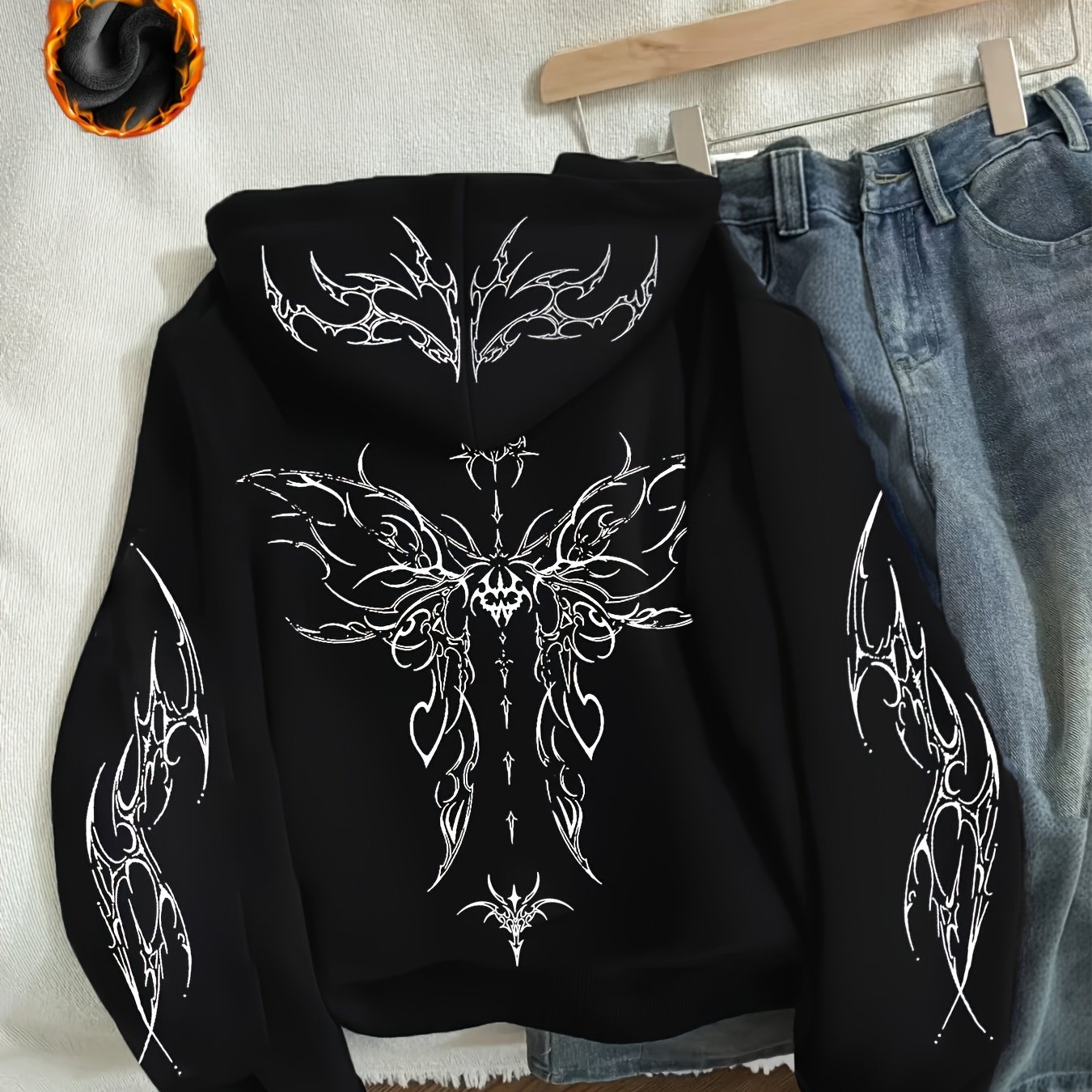 TEMU Winter Y2k Printed Trendy New Thick Heavy-duty -lined Black Hoodie Zip-up Jacket, Black Cardigan Casual Loose Commuter Style Y2k Gothic Fashion
