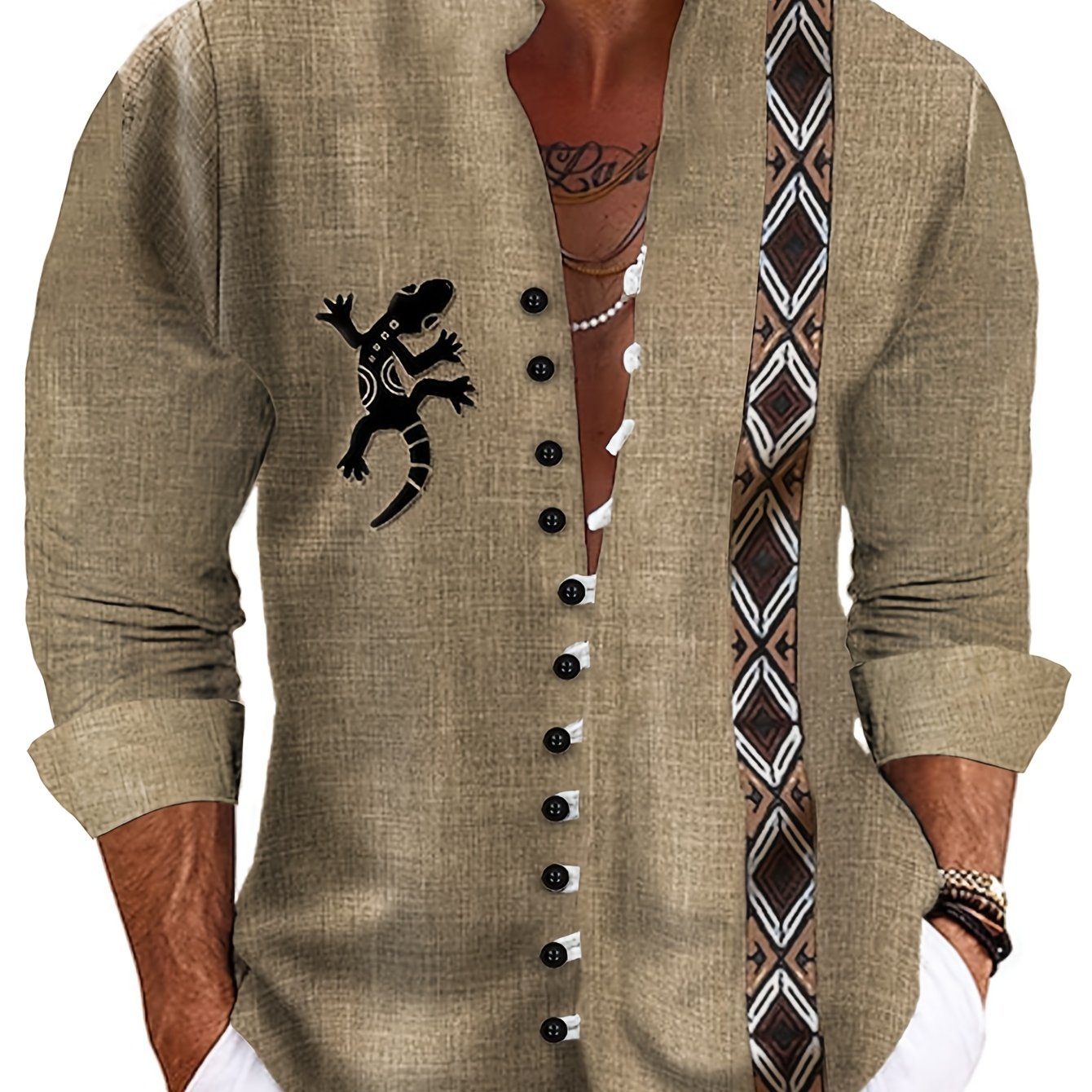 Image of Christmas, Halloween, Party, Men's Fashion Print, Casual Ethnic Totem Pattern Print, Casual Gathering, Evening Daily Holiday, Collar Long Sleeve Outerwear Shirt