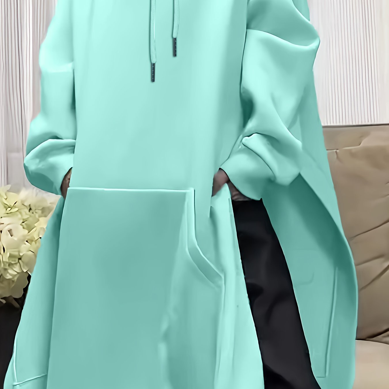 E-shop Plus Size, Plus Size Langarm Sweatshirt in Unifarben mit Seitenschlitz für Damen, Midi-Länge, Casual