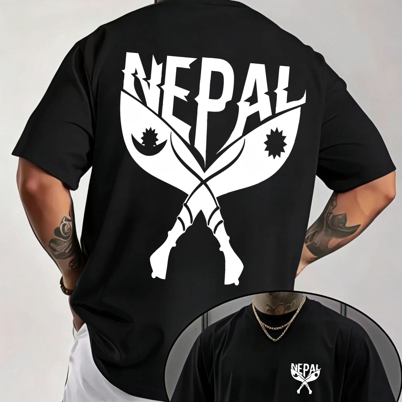 TEMU Men's Nepal Knife Print T-shirt - Nepal-themed Design Casual Streetwear Round Neck Summer Top | Suitable For Outdoor & Casual Attire, Hand