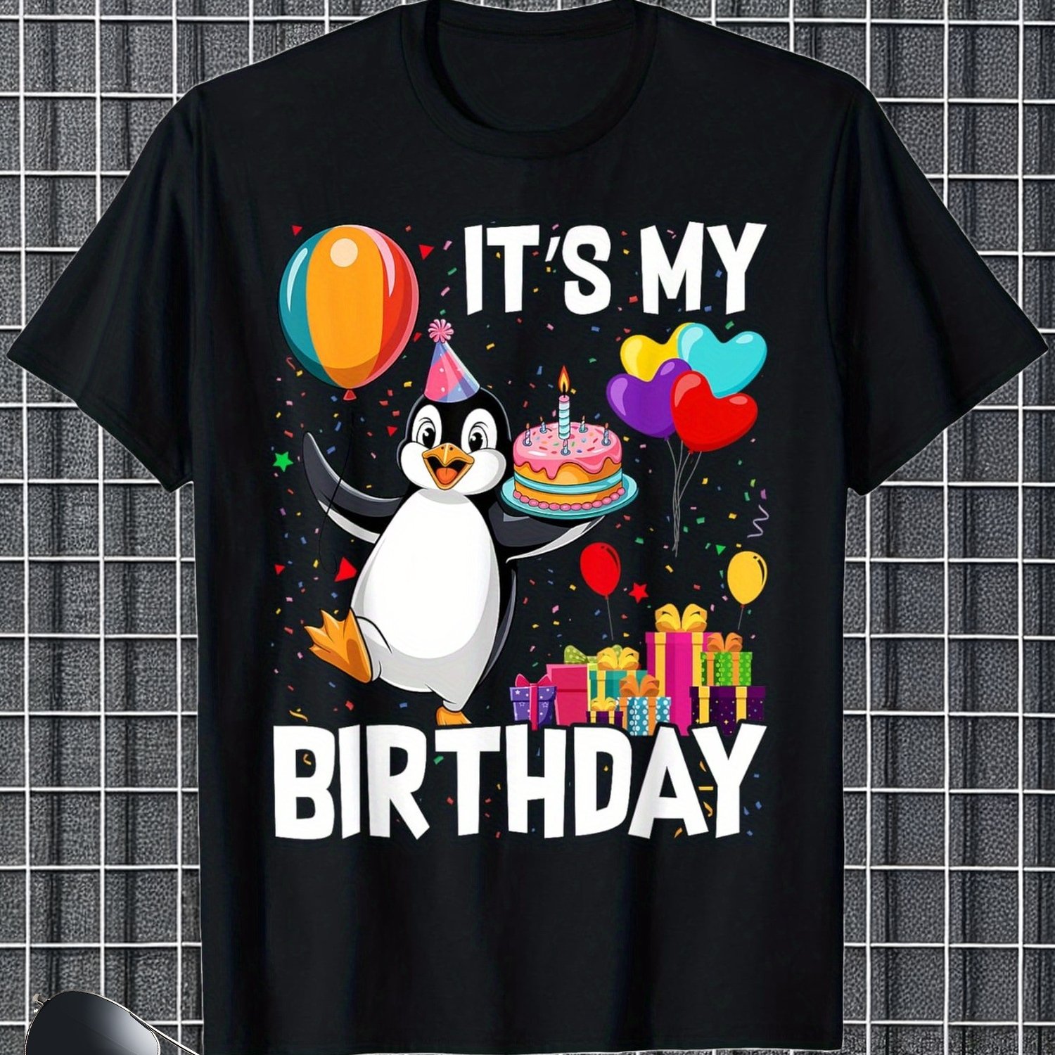 ' Penguin Birthday Party T-shirt- Soft Breathable Black Tee ' Birthday Graphic, Cute Penguin& Balloons Design For Boys& Girls, Casual Wear, Perfect Gift, Penguin Gifts