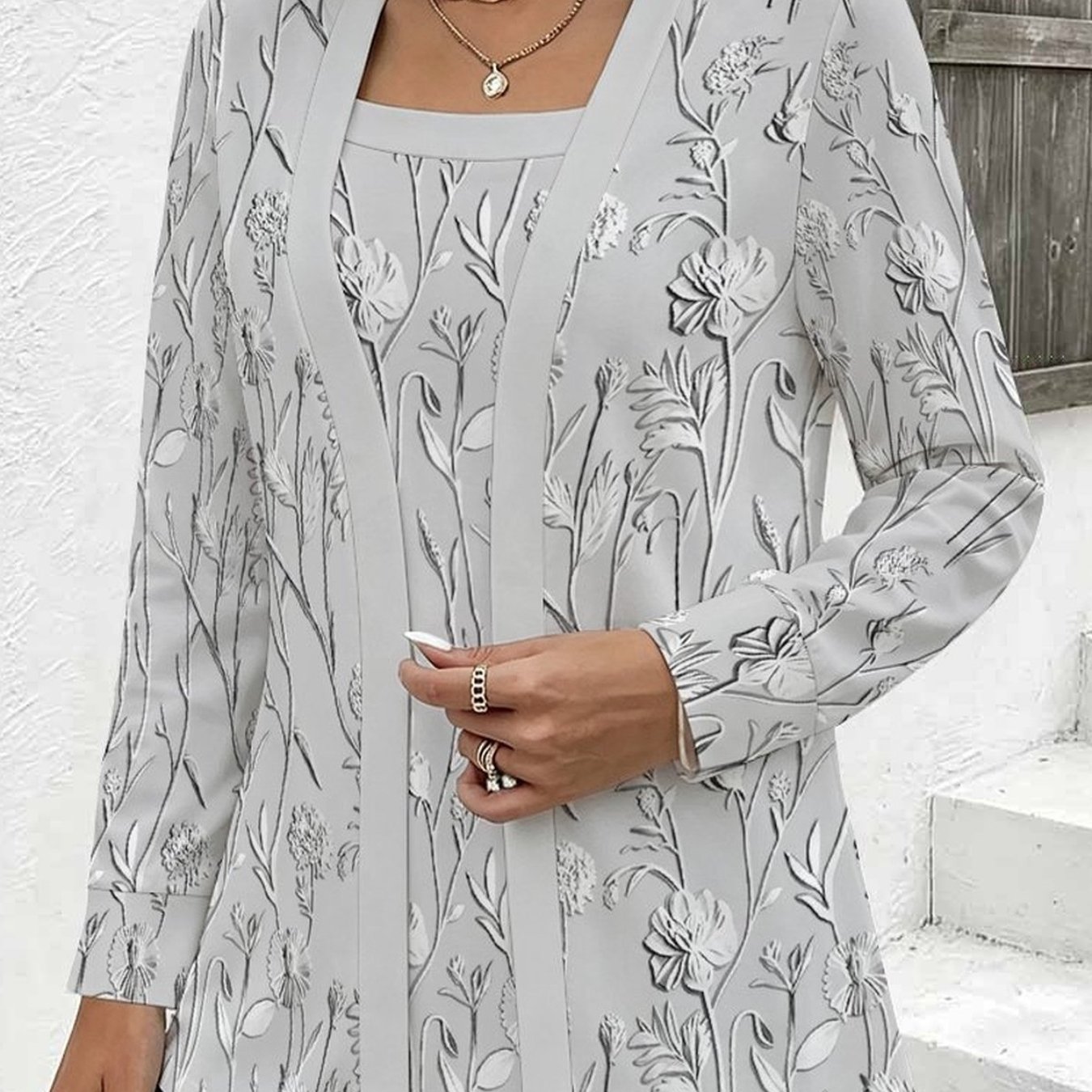 TEMU Women's Fake Two-piece Printed Long-sleeve T-shirt Elegant Printed Square Neck Loose Casual T-shirt, Fashionable Color-block Splicing Design