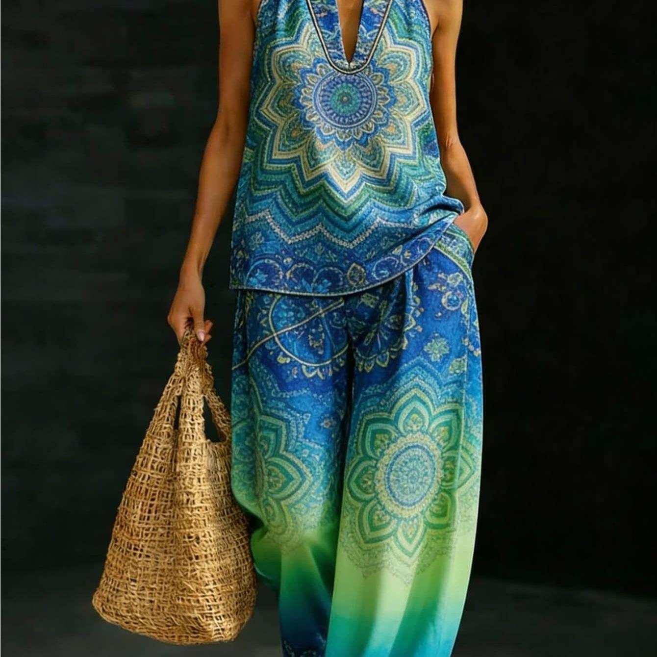 Image of Plus Size, Bohemian Mandala Print Halter Neck Top & Gradient Wide Leg Pants Set - Blue -neck Sleeveless Vest + Loose High Waist Trousers, Casual Summer Outfit