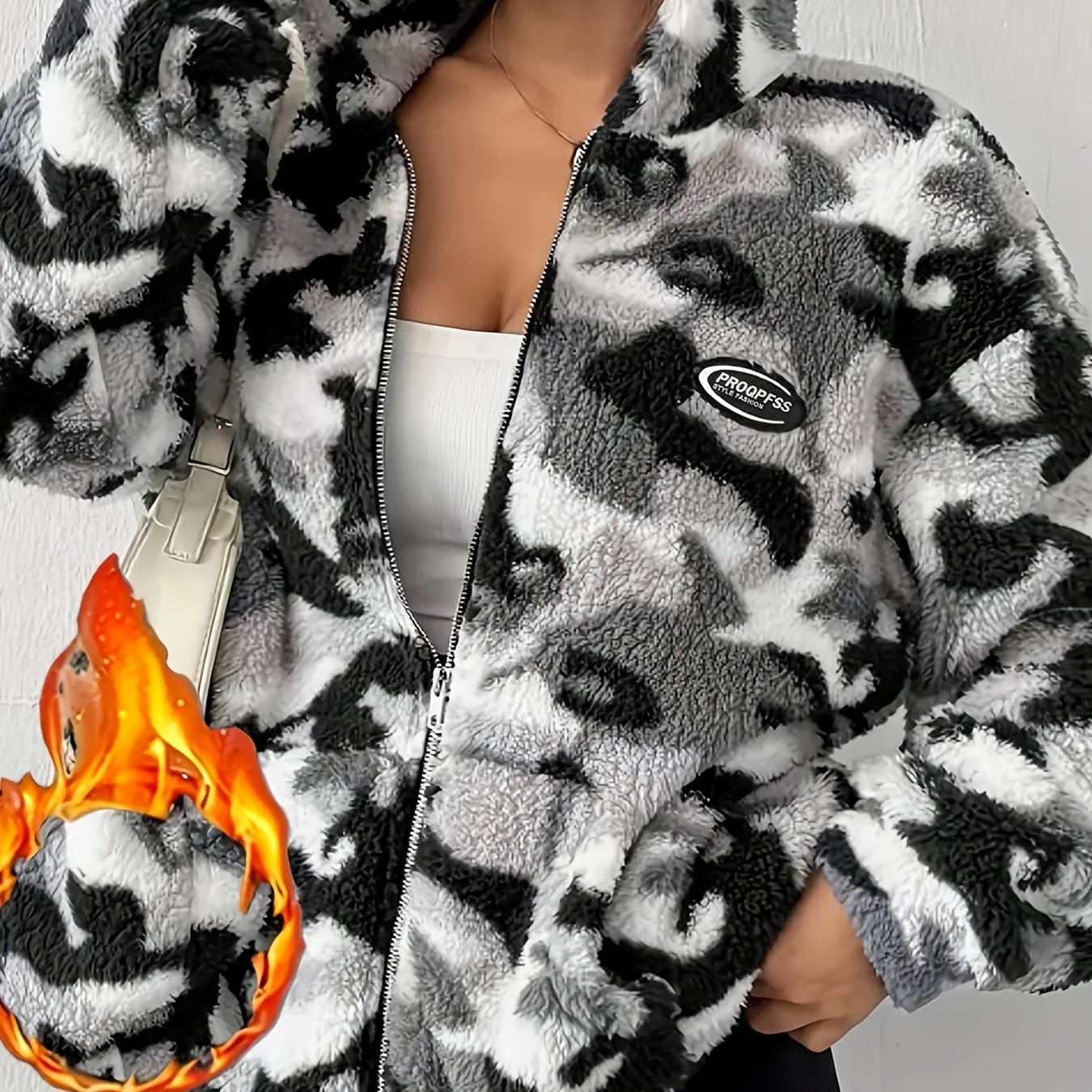 Fall Winter Warm Women's Thick Plush Hooded Jacket, Camo Plush Jacket, Elegant Top Women's Outerwear