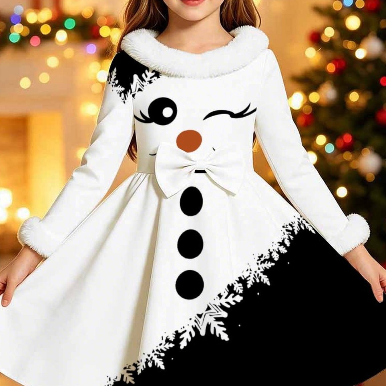 Image of Christmas Kids' Clothing, Girls' Long-sleeve Dress, Full Christmas Print, Cute Santa, Reindeer, And Snowman, Stylish And Casual Versatile Girls' Long-sleeve Dress With A Big Skirt And Collar