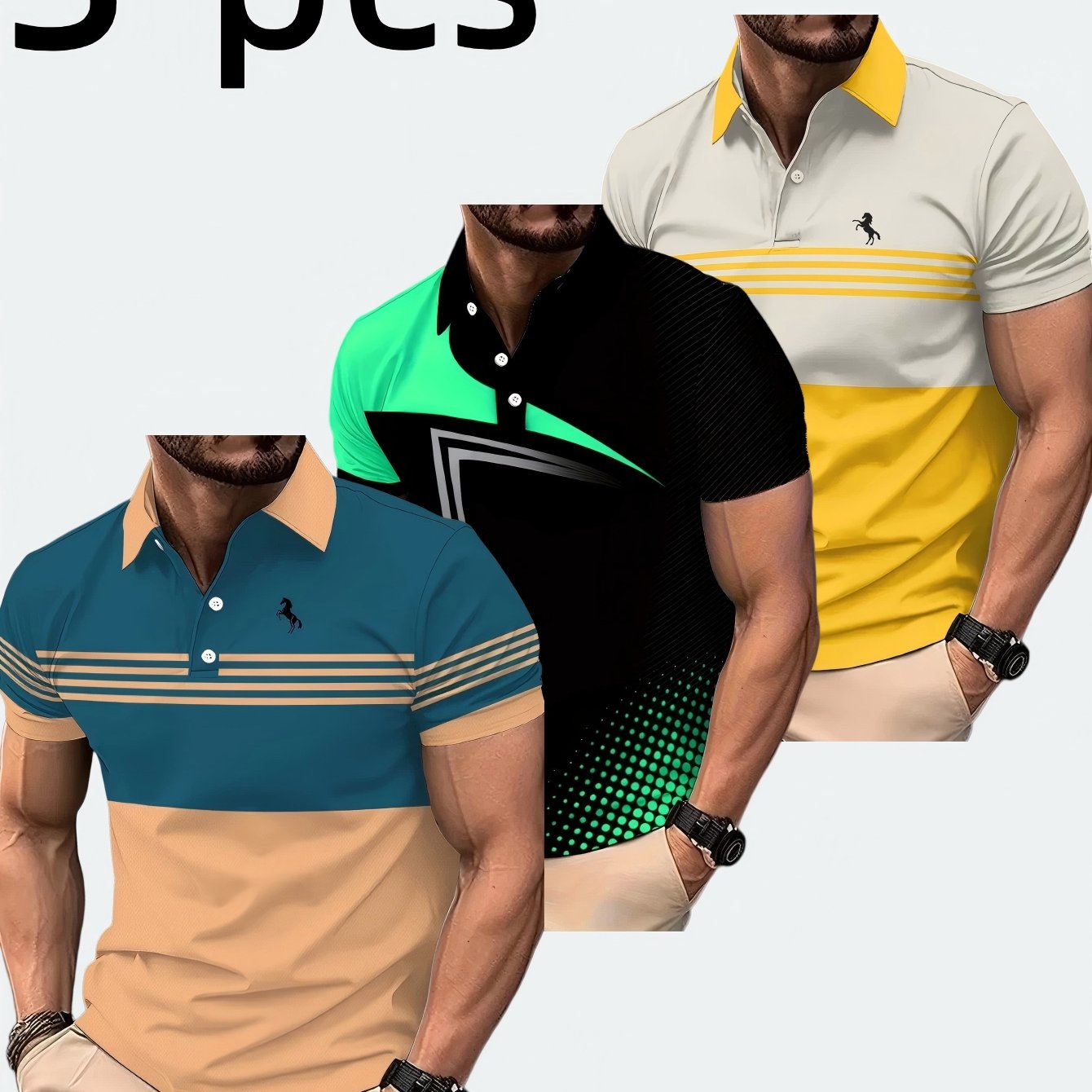 Image of Men's Shirt 3pcs Set Casual Streetwear Geometric Stripe Color Block Short Sleeve For Men Adults Summer Beach Vacation Sportswear Daily Wear