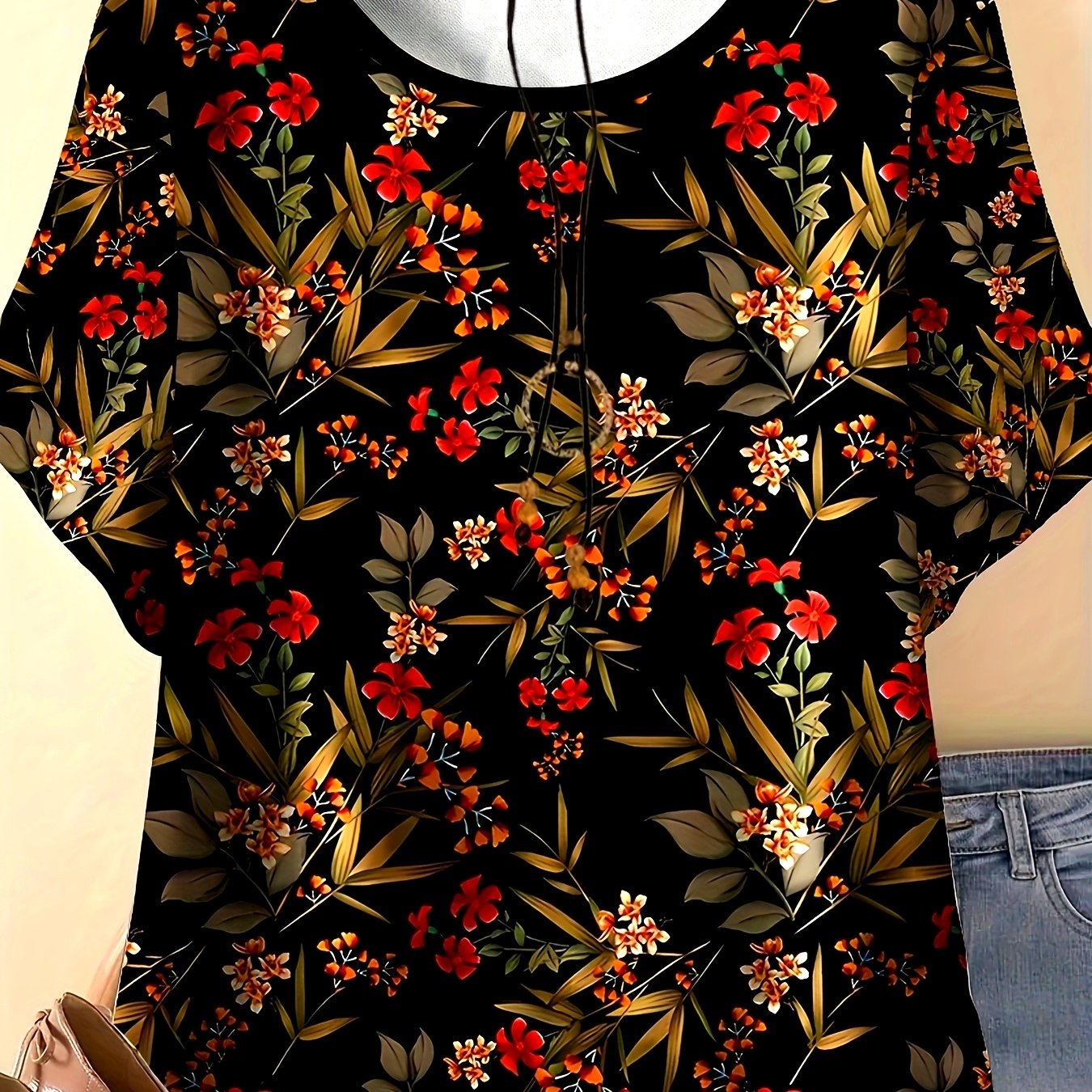 TEMU Plus Size, Plus Size Women's T-shirt- Elegant Floral Pattern, Black/red/white/grey- Soft Casual And Formal Top- Breathable Women' Shirt-