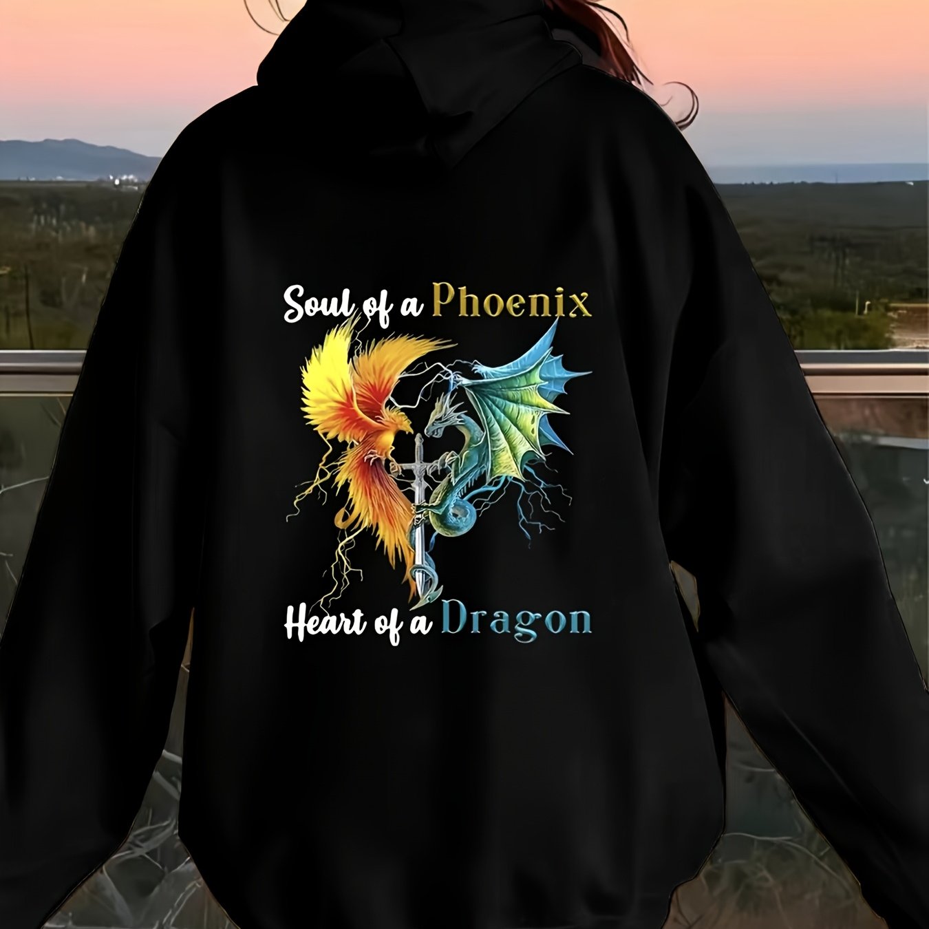 TEMU 2026 Plus Size Men's Hooded Sweatshirt ( 5xl) Casual Fashionable Sportswear Fantasy Myth Style, Featuring A Design Of A Phoenix And Dragon