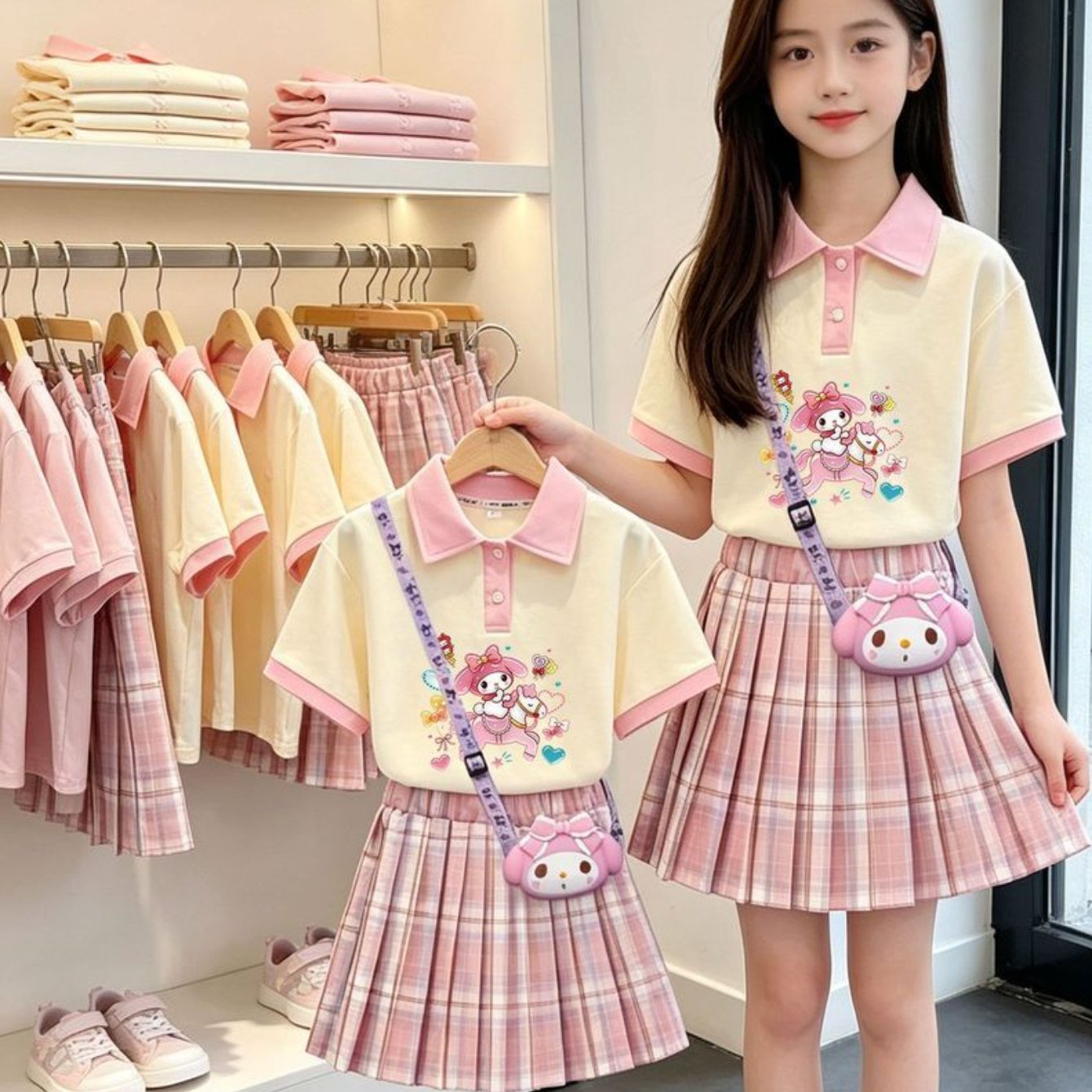 3 Items: Melody Print Short Sleeve And Same Color Pleated Short Skirt And Cartoon Crossbody Small Bag, Suitable For Summer, Suitable For Daily Wear, Suitable For Easter, Valentine's Day, Carnival