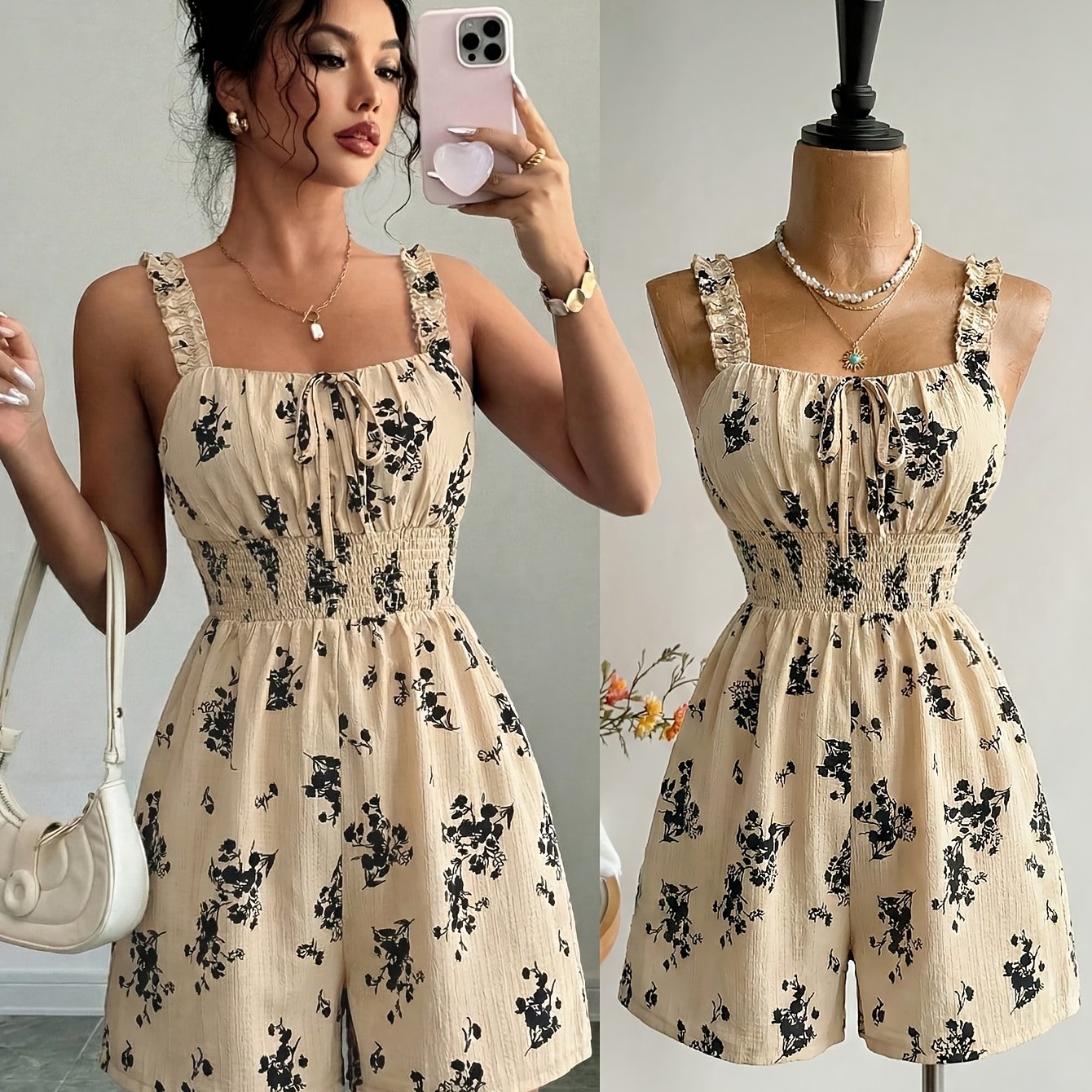 Image of Plus Size, Women's Plus-size Jumpsuit With Backless Design, Floral Print, Casual Sleeveless High-waisted Wide-leg Pants Suitable For Spring And Summer